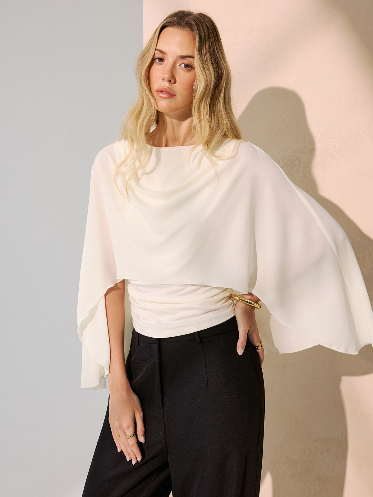 Backless Draped Cape-Sleeve Blouse Women's Elegant Evening Wear