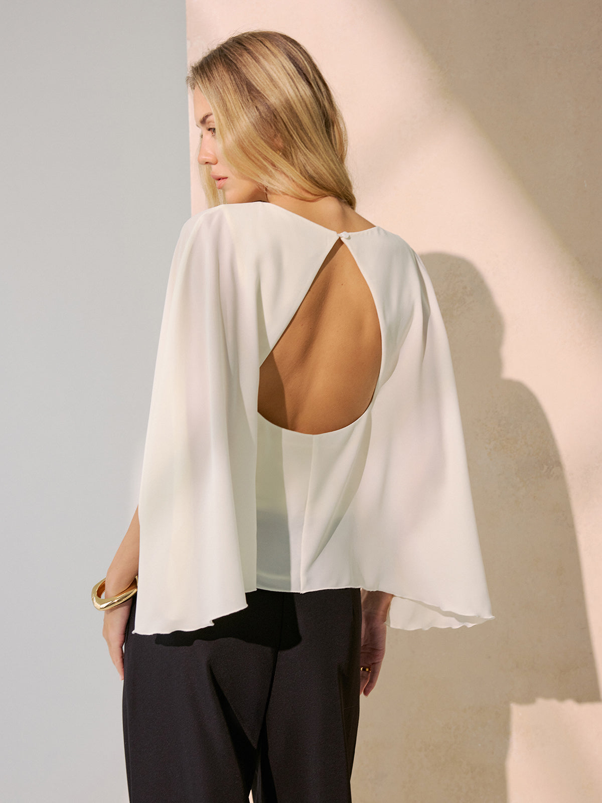 Backless Draped Cape-Sleeve Blouse Women's Elegant Evening Wear