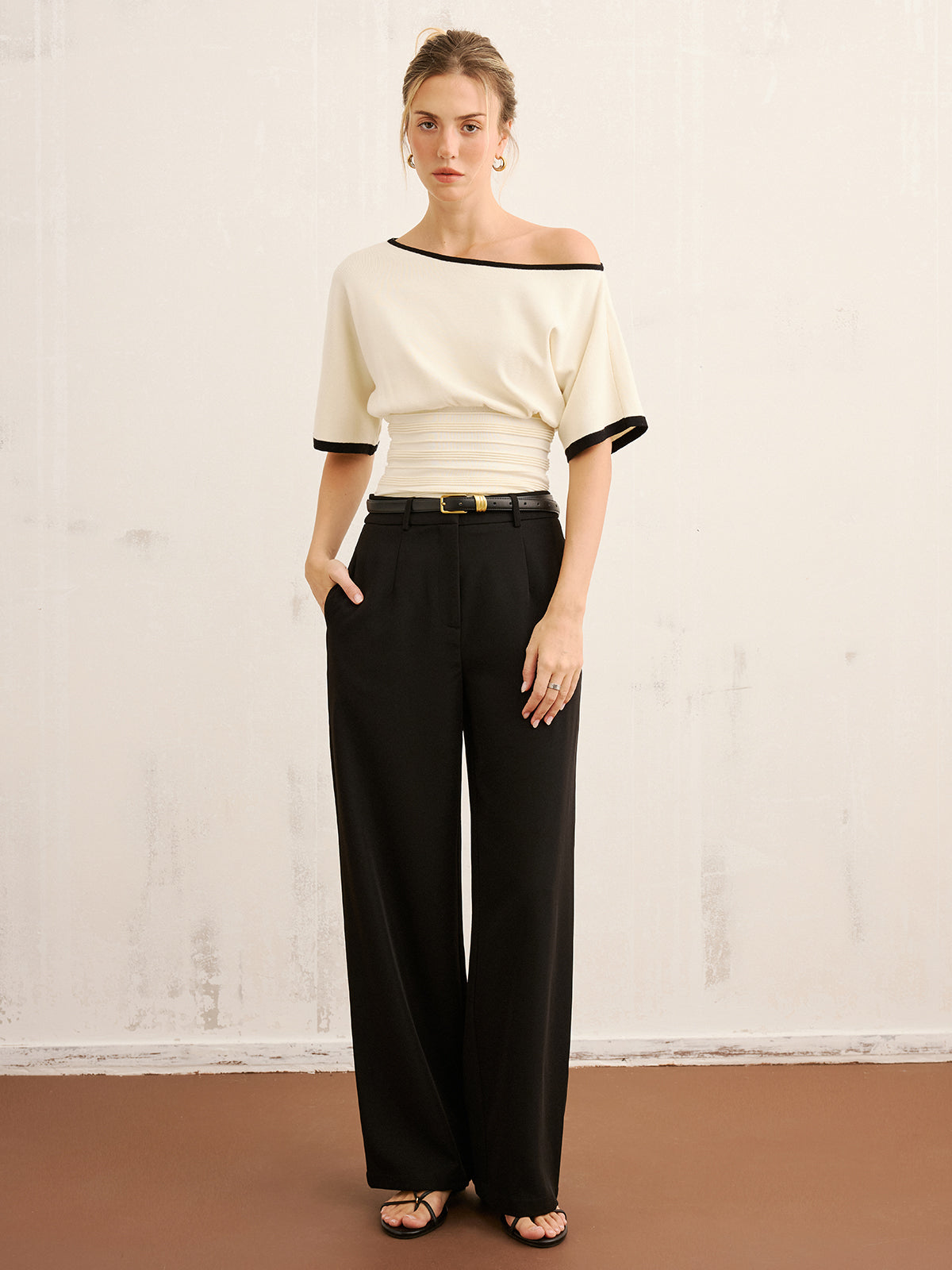 Contrast Trim Cinched Waist Knit Top for Casual Wear