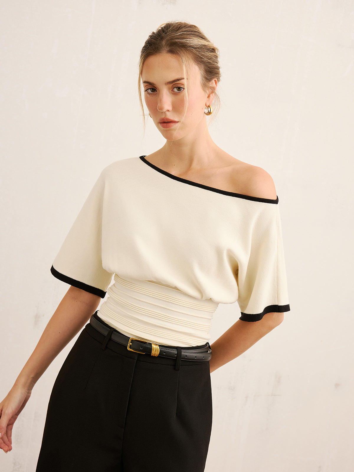 Contrast Trim Cinched Waist Knit Top for Casual Wear