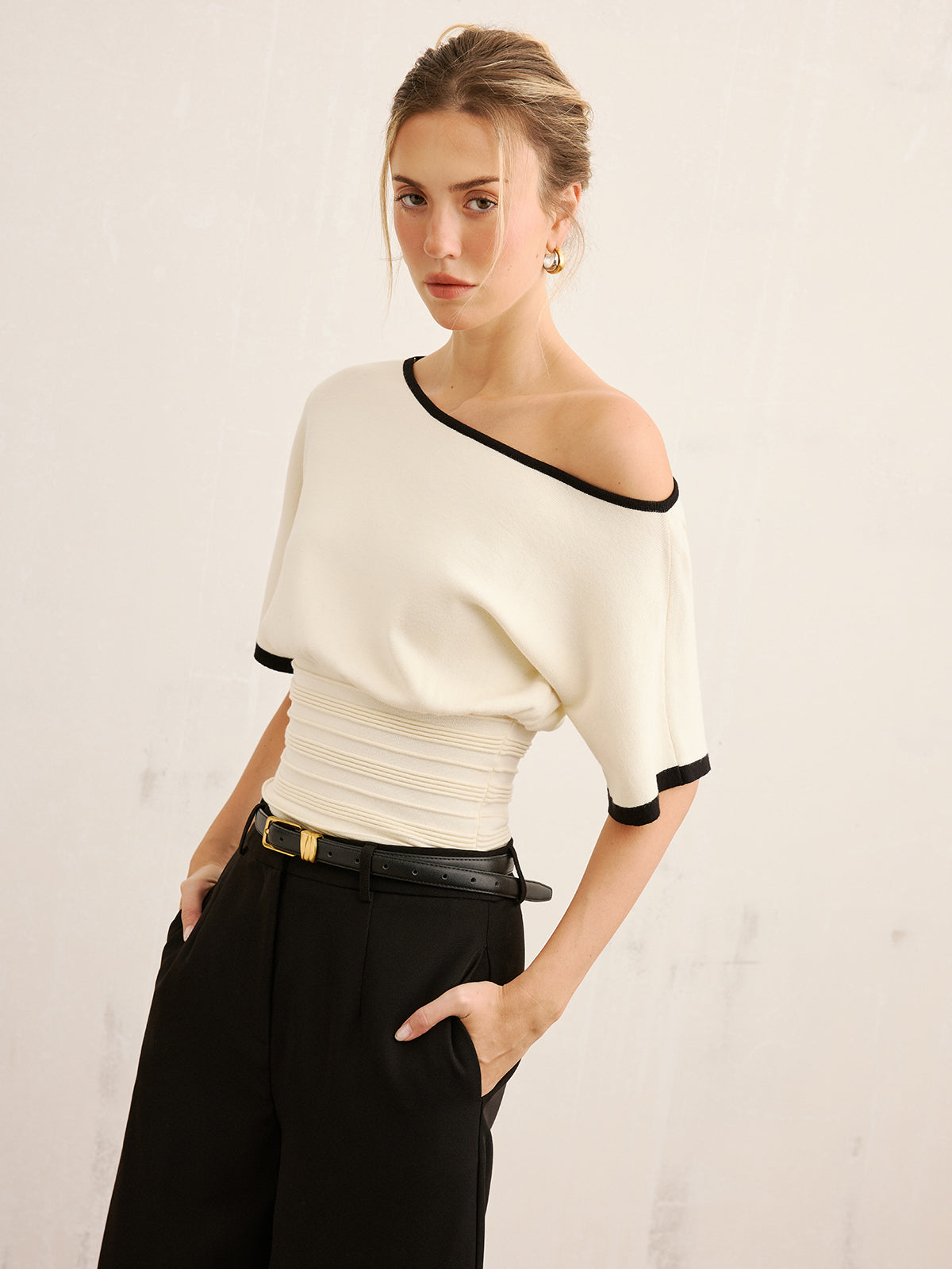 Contrast Trim Cinched Waist Knit Top for Casual Wear