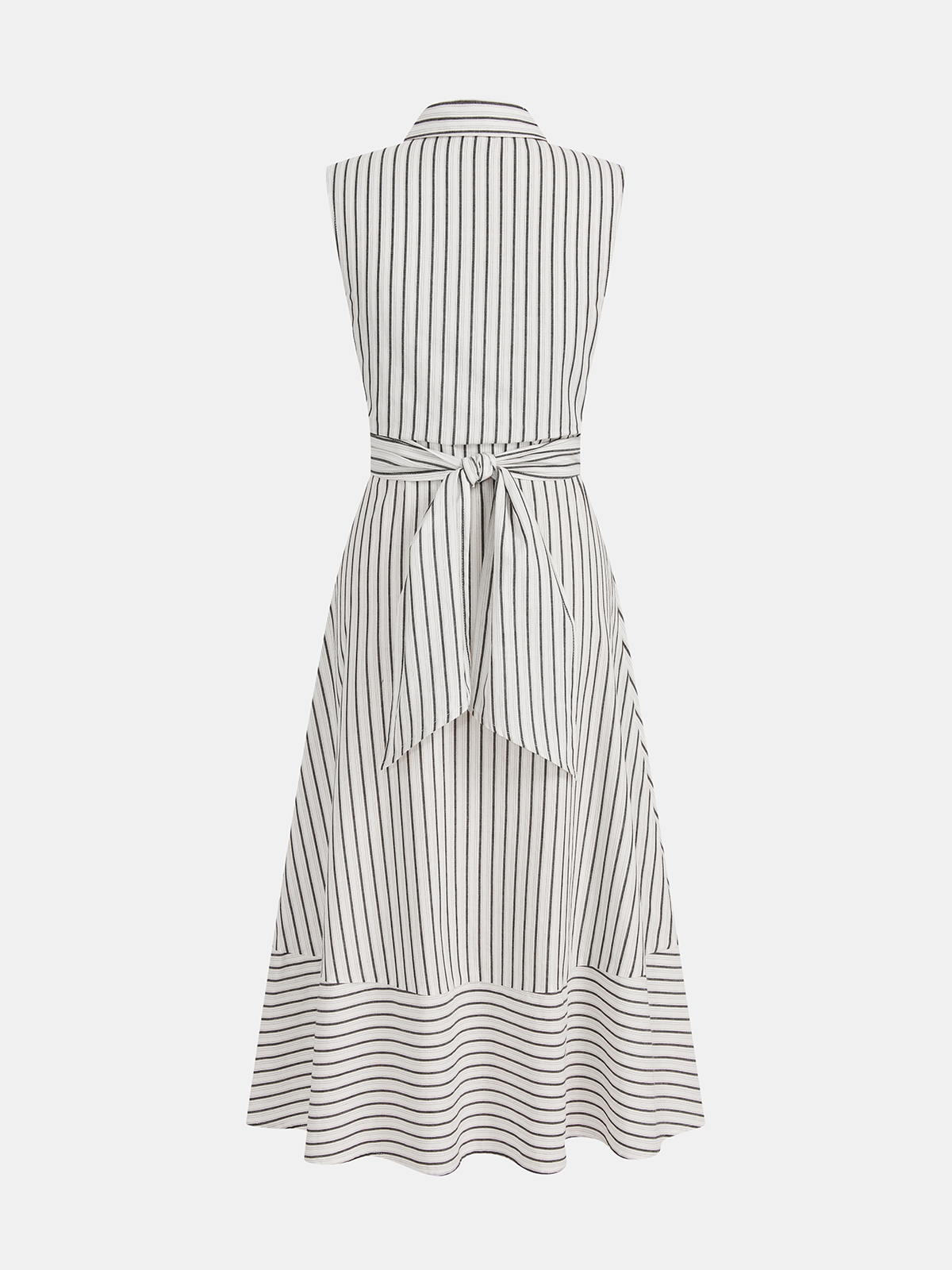 Striped Collared Sleeveless Tie Waist Midi Dress with Side Pockets