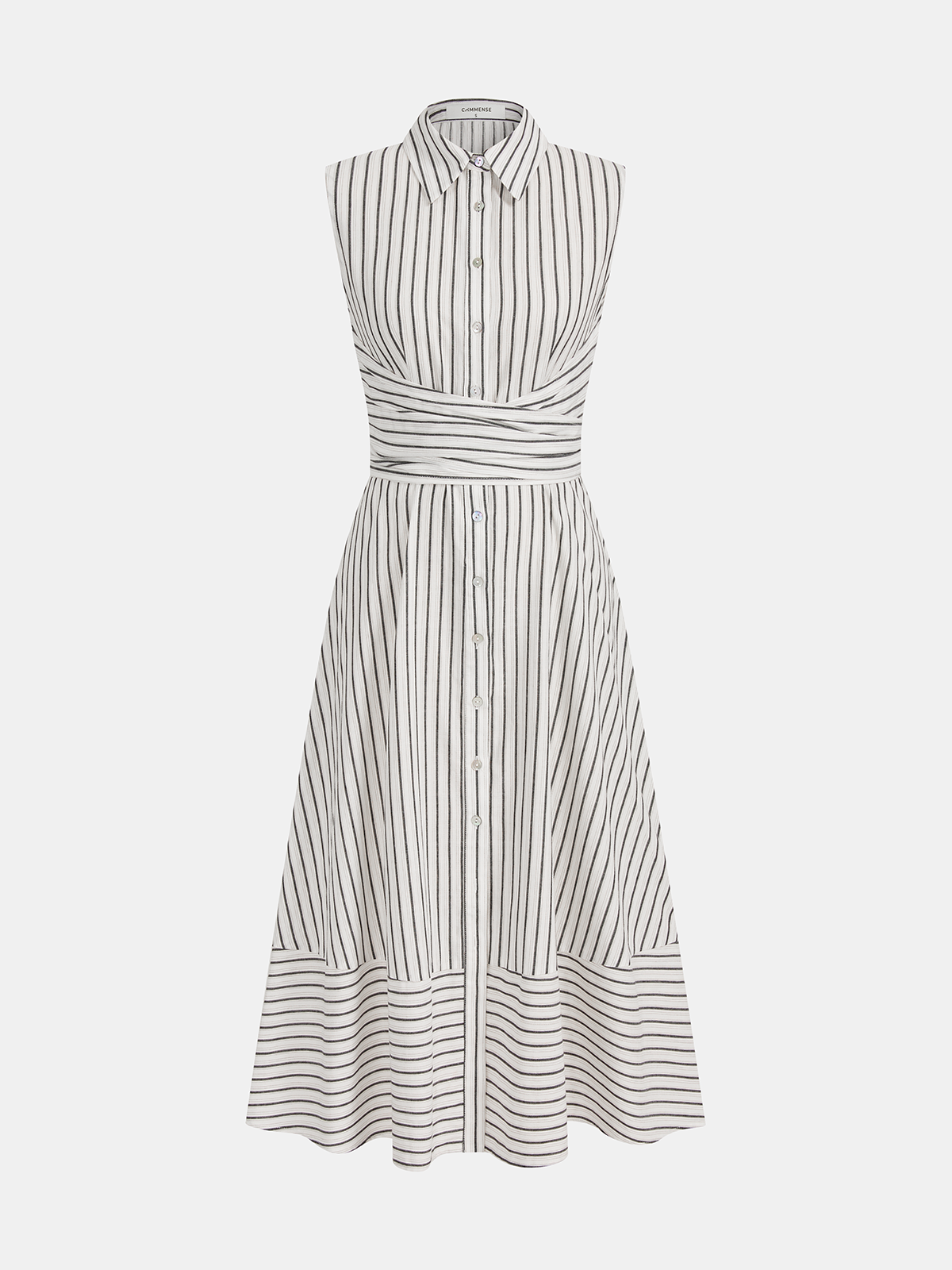 Striped Collared Sleeveless Tie Waist Midi Dress with Side Pockets
