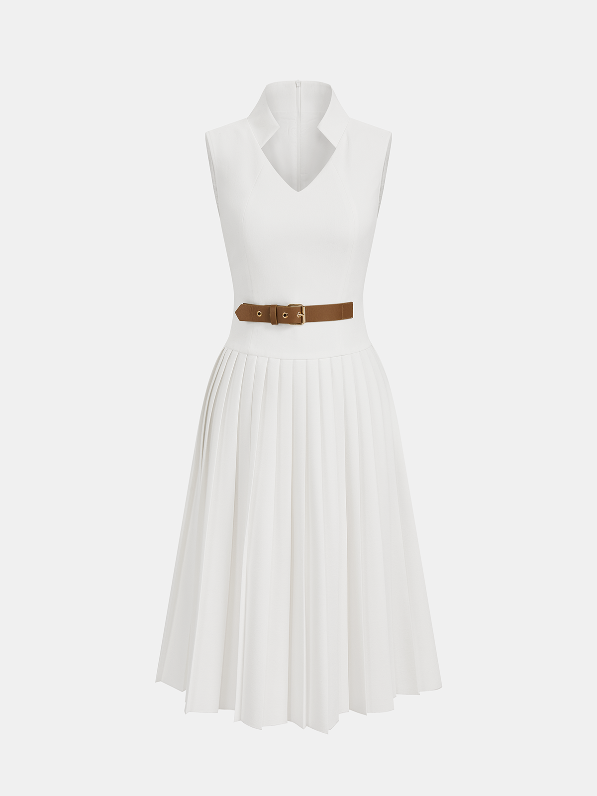 Belted Sleeveless Pleated Collared Dress for Women with Button Detail