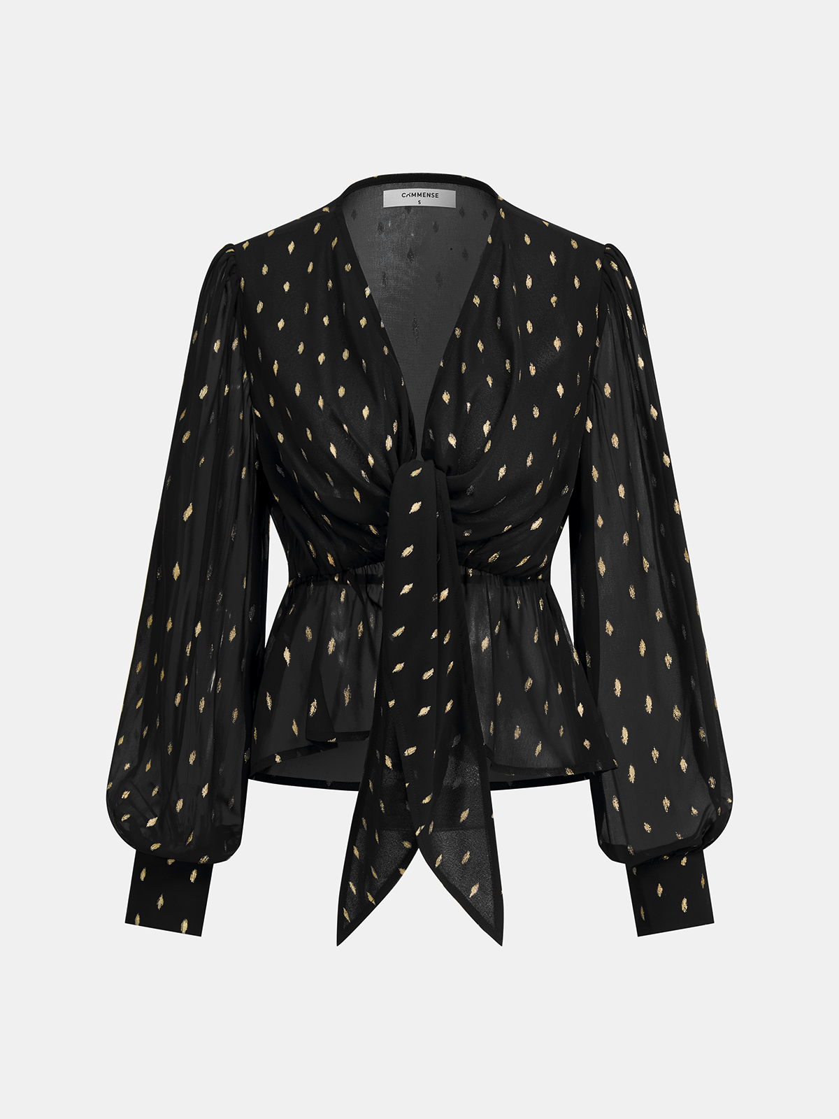 Foil Spot Print Tie-Front Chiffon Blouse with Flutter Sleeves and Keyhole Detail