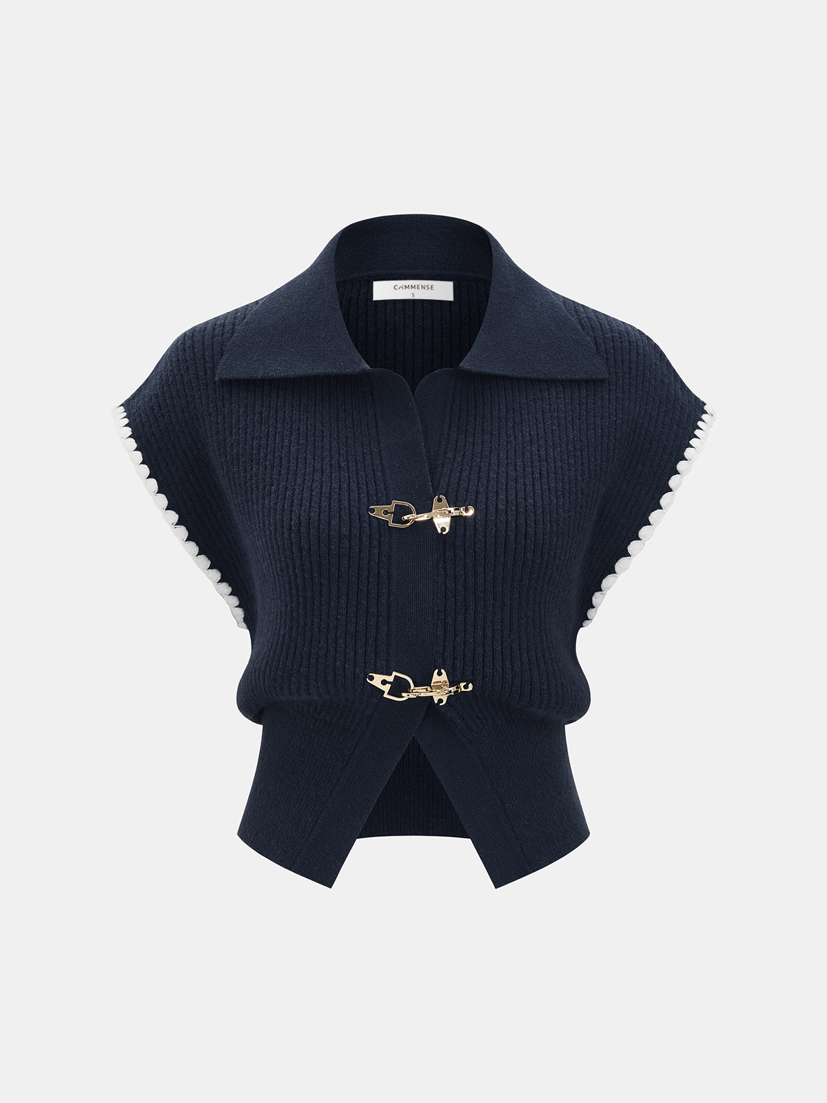 Metal Clasp Contrast Trim Collared Knit Vest for Women, Trendy Casual Style