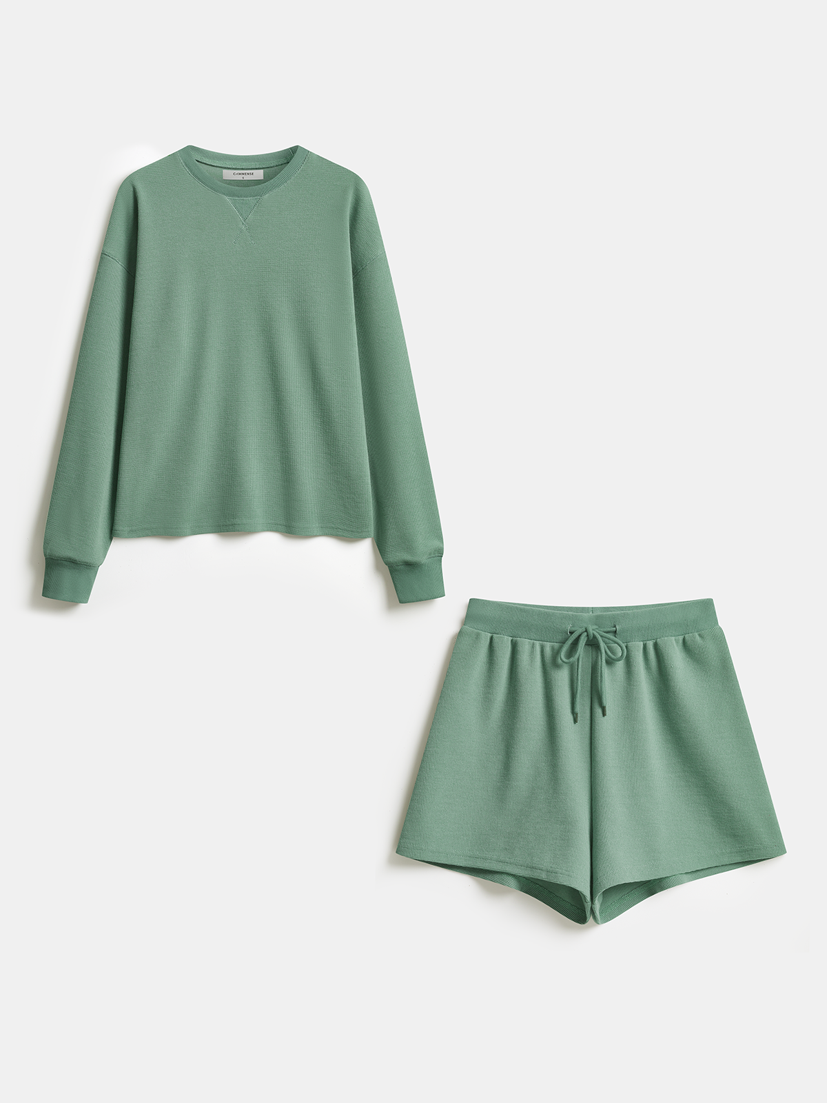 Waffle Knit Sweatshirt & Drawstring Shorts Set for Women Cozy Loungewear
