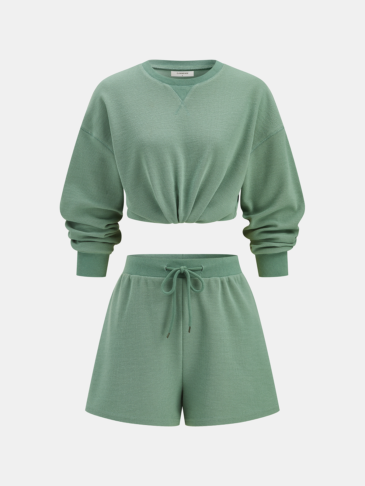Waffle Knit Sweatshirt & Drawstring Shorts Set for Women Cozy Loungewear
