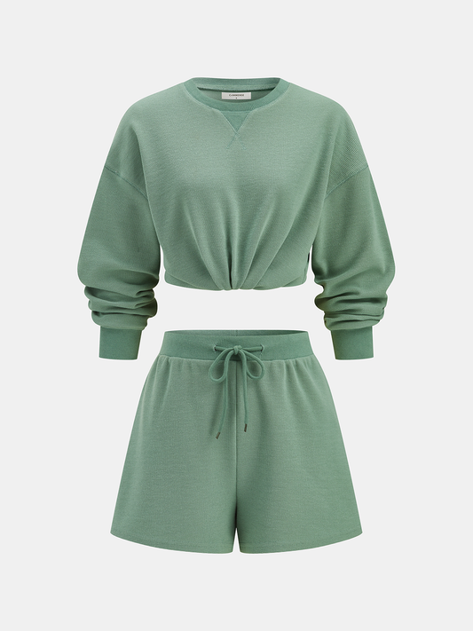 Waffle Knit Sweatshirt & Drawstring Shorts Set for Women Cozy Loungewear