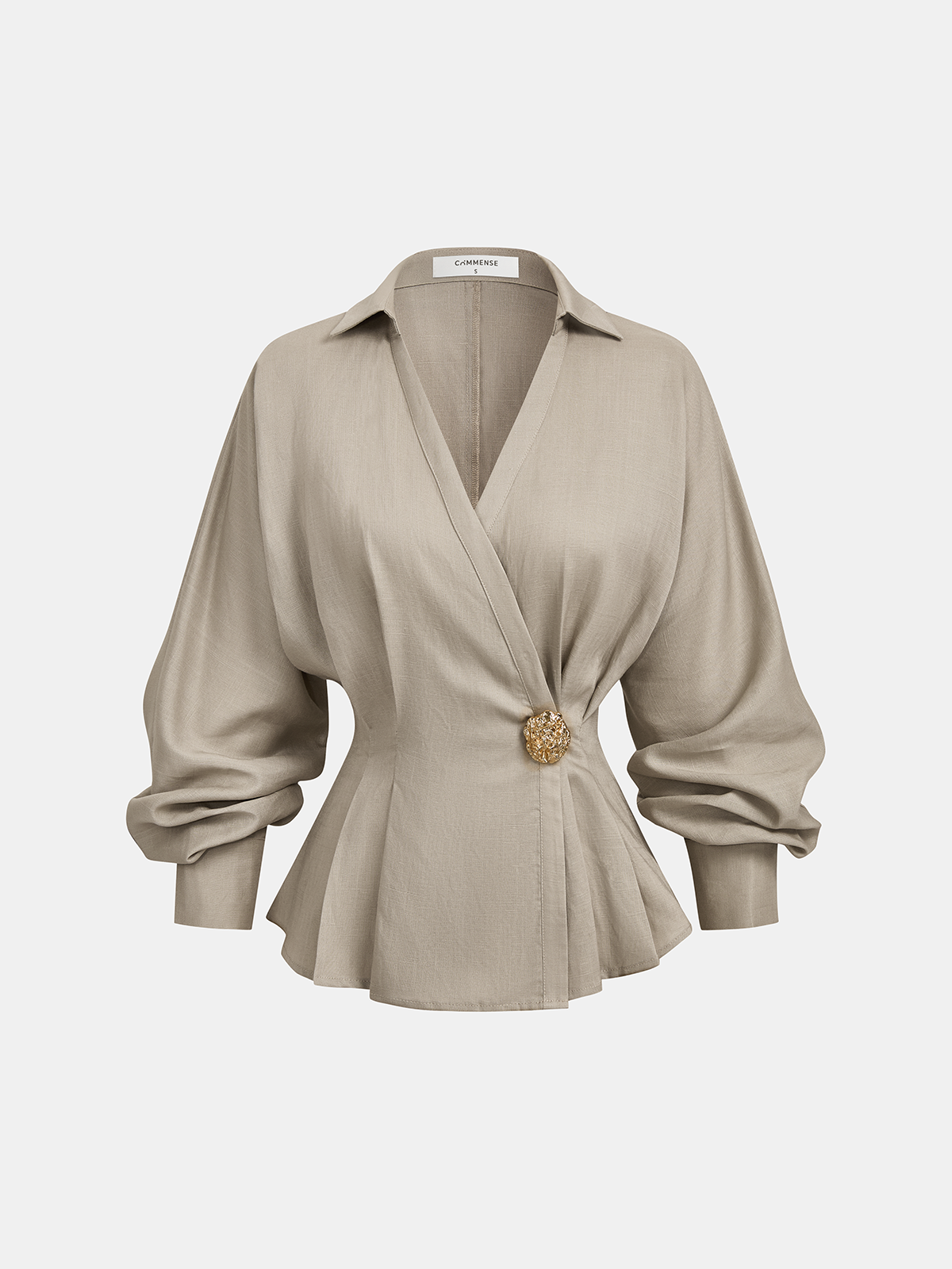 Linen Blend Balloon Sleeve Wrap Blouse for Women Casual Fit