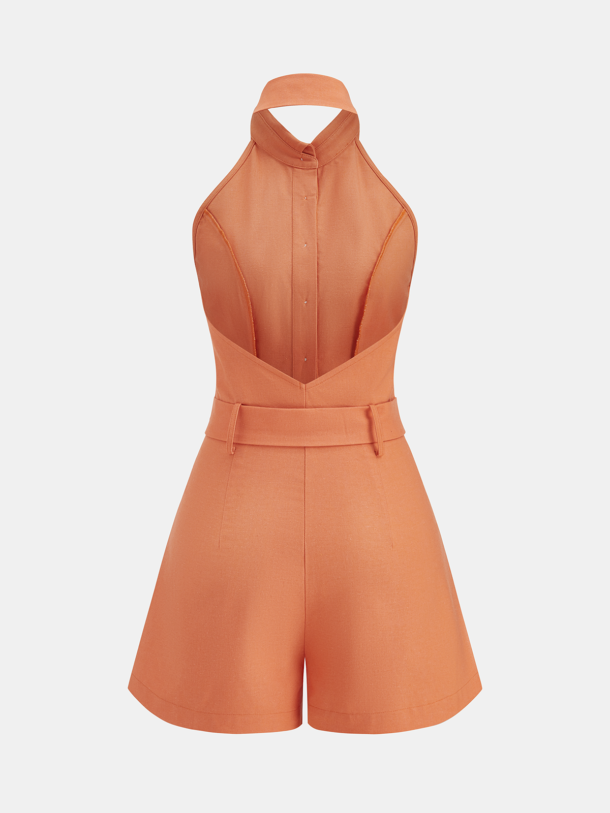 Halter Collared Backless Belted Romper with Side Pockets