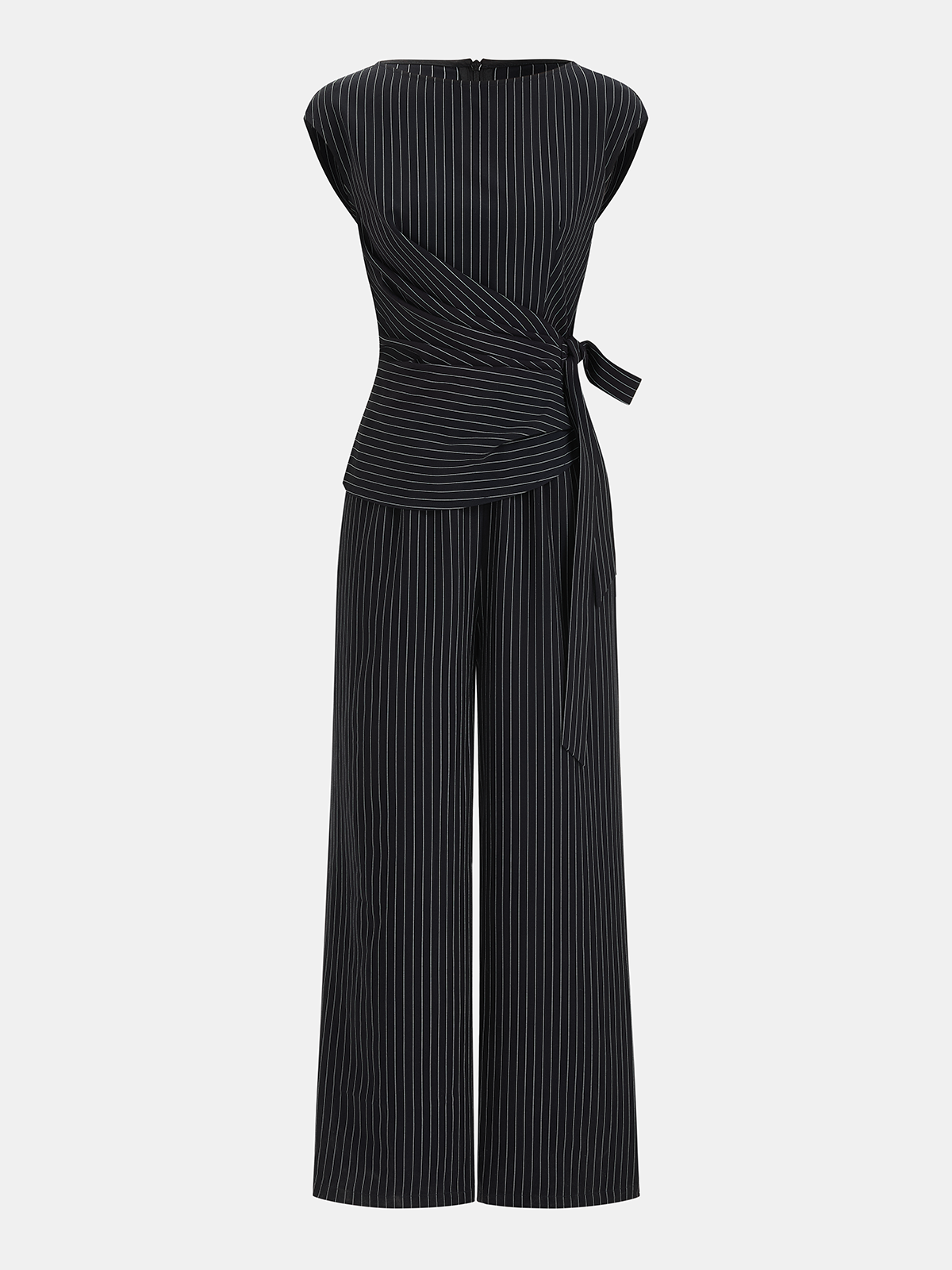 Striped Tie Waist Wide Leg Jumpsuit with Pockets and V-Neck Design