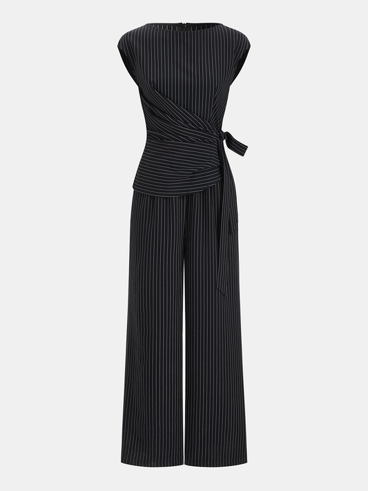 Striped Tie Waist Wide Leg Jumpsuit with Pockets and V-Neck Design