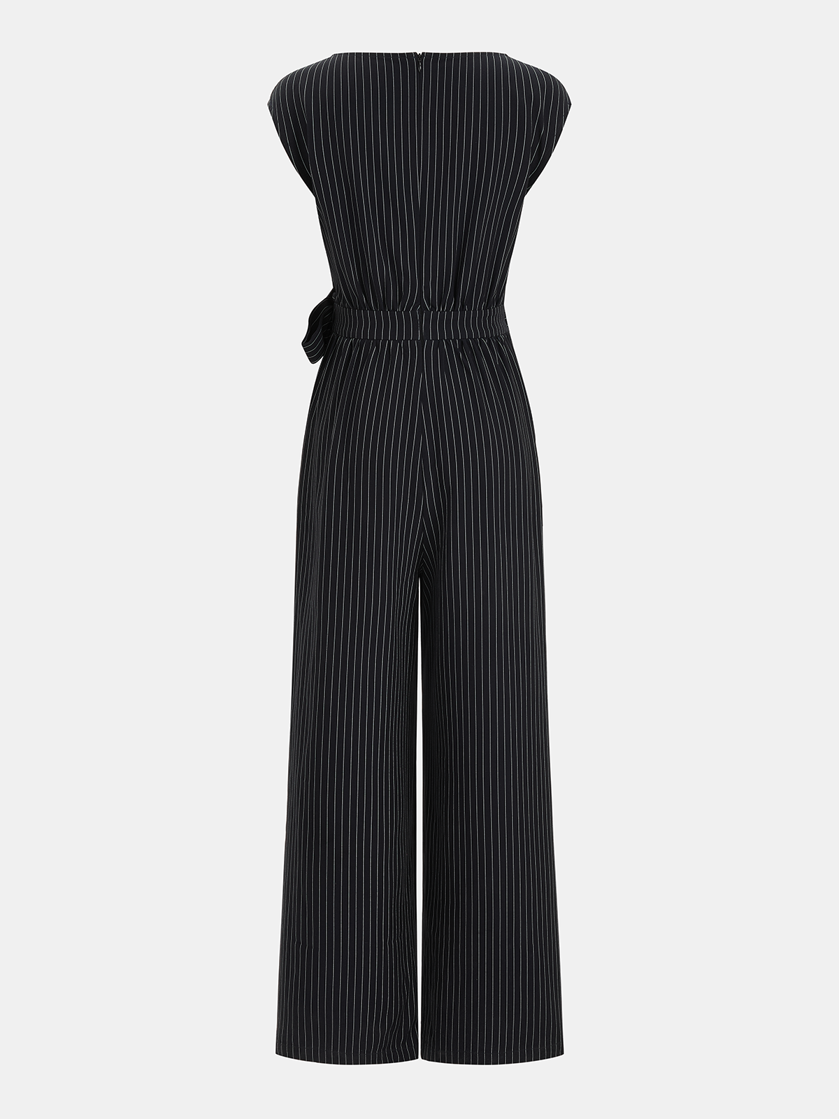 Striped Tie Waist Wide Leg Jumpsuit with Pockets and V-Neck Design