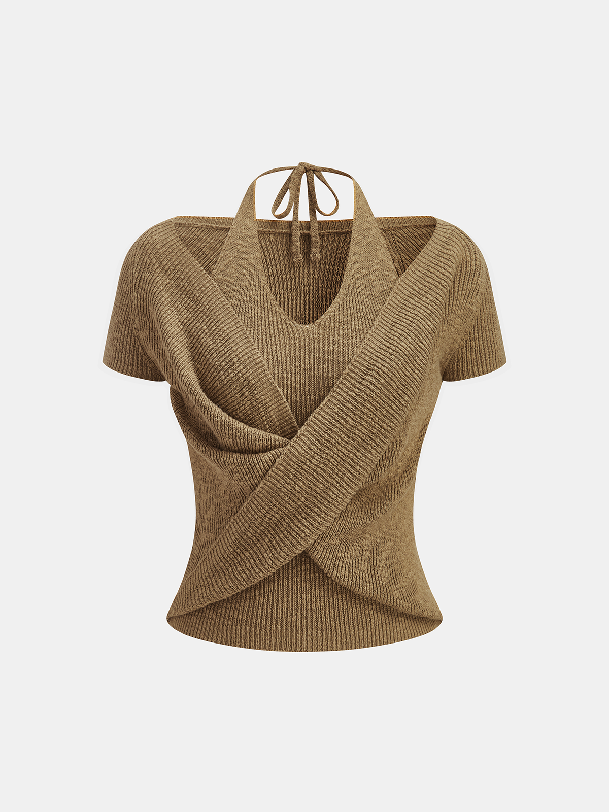 Halter Wrap Short Sleeve Knit Top Comfort Fit Casual Style