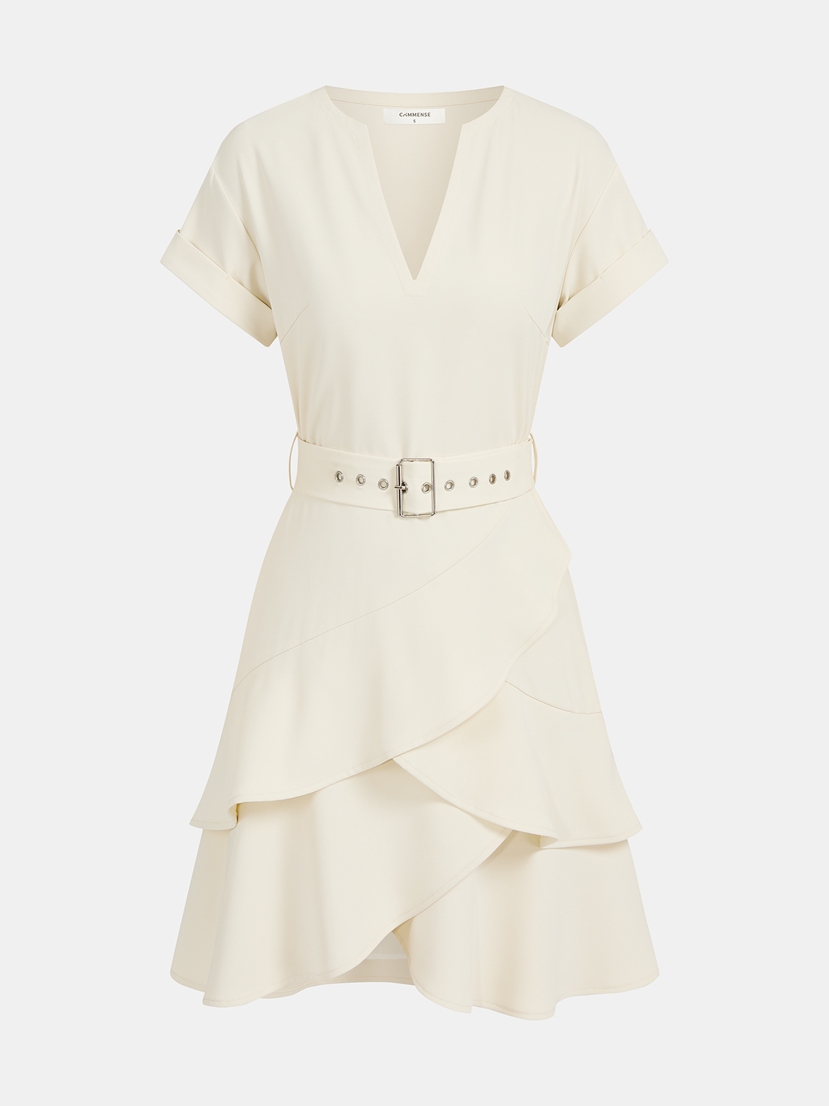 Belted V-Neck Short Sleeve Ruffle Dress with Floral Print Detail