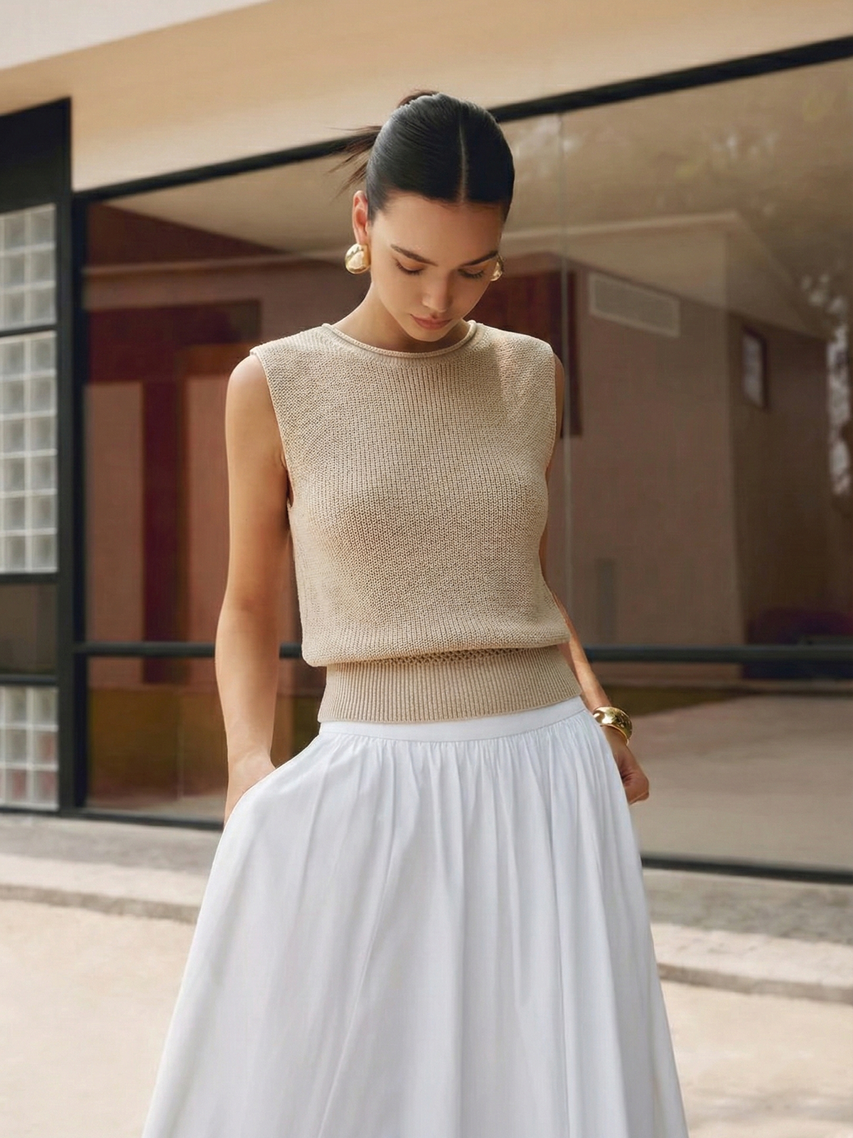Bloused Waist Sleeveless Knit Top Comfort Fit Women's Apparel