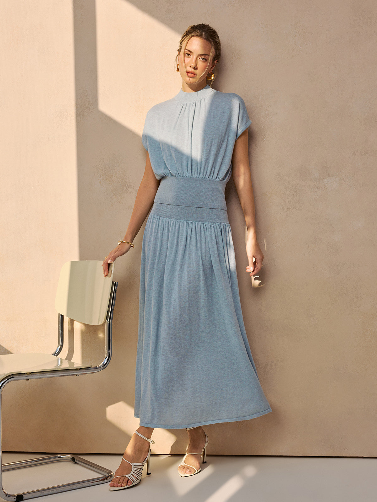 Semi-Sheer Wool-Blend Cinched Top & Midi Skirt Set, Trendy Layered Outfit Essentials