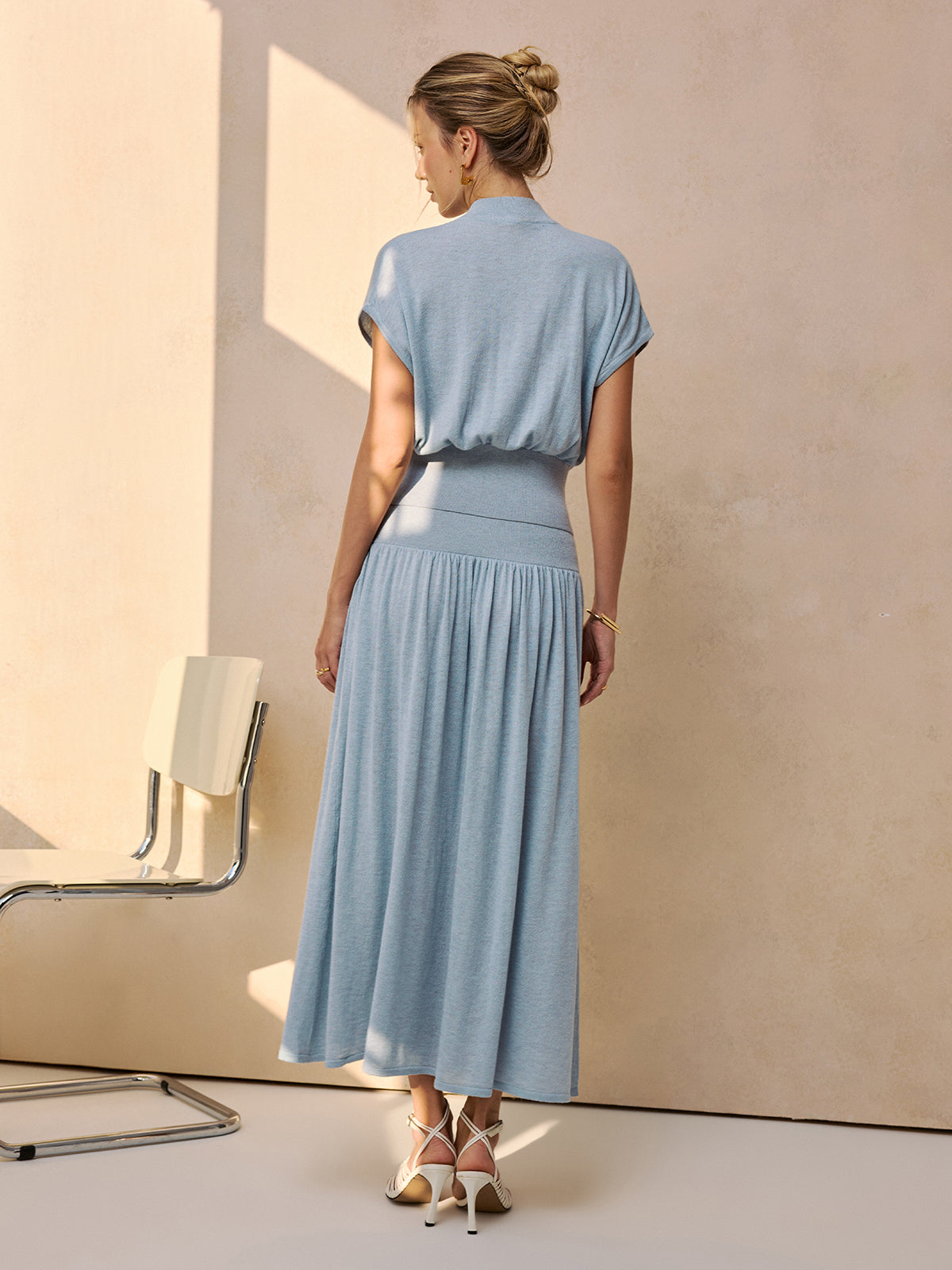 Semi-Sheer Wool-Blend Cinched Top & Midi Skirt Set, Trendy Layered Outfit Essentials
