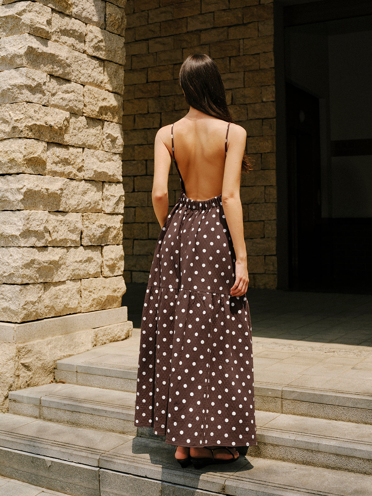Cotton Backless Polka Dot Dress with Ruffle Trim