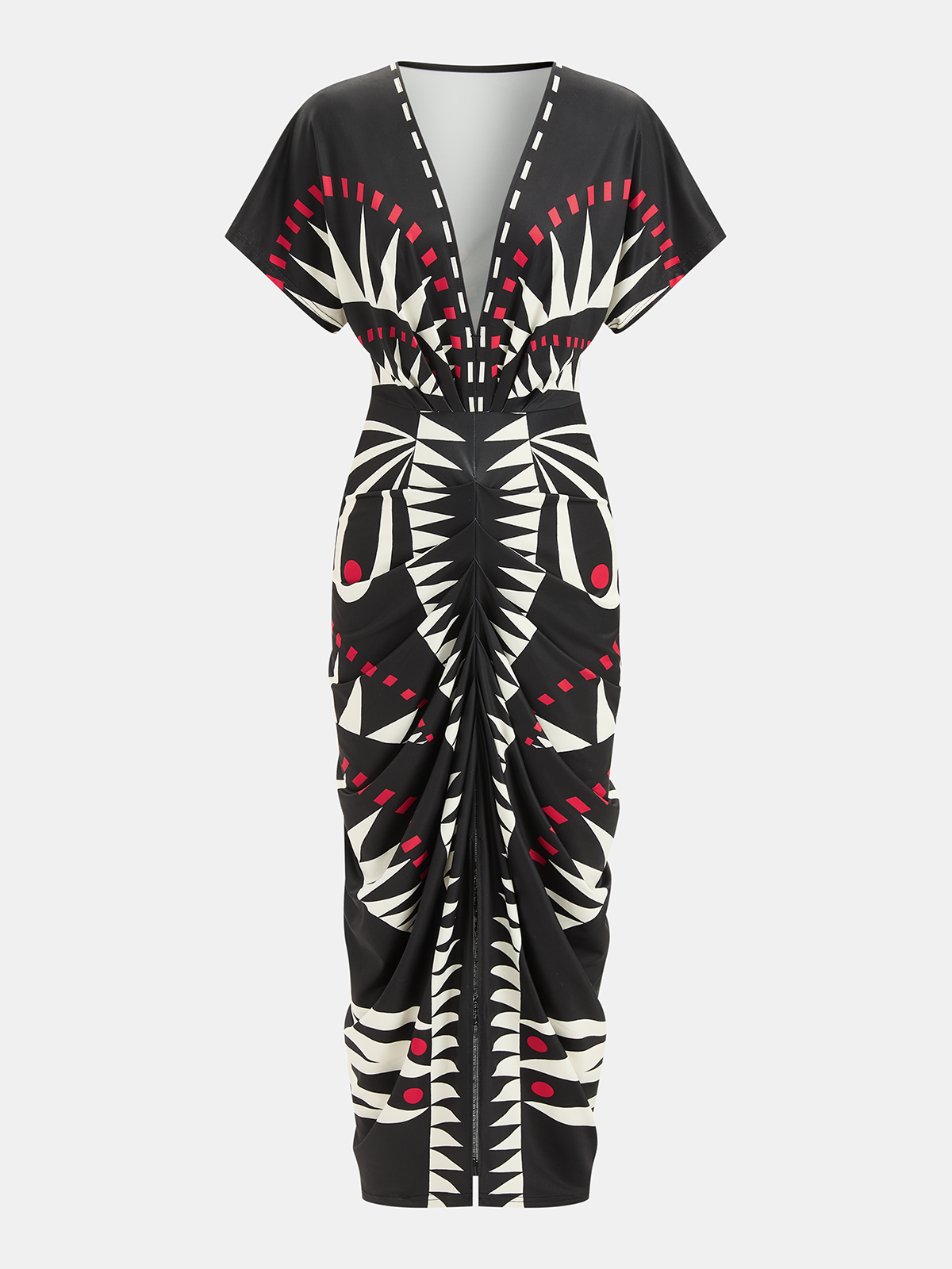Geometric Print Deep V-Neck Midi Dress with Belt Detail