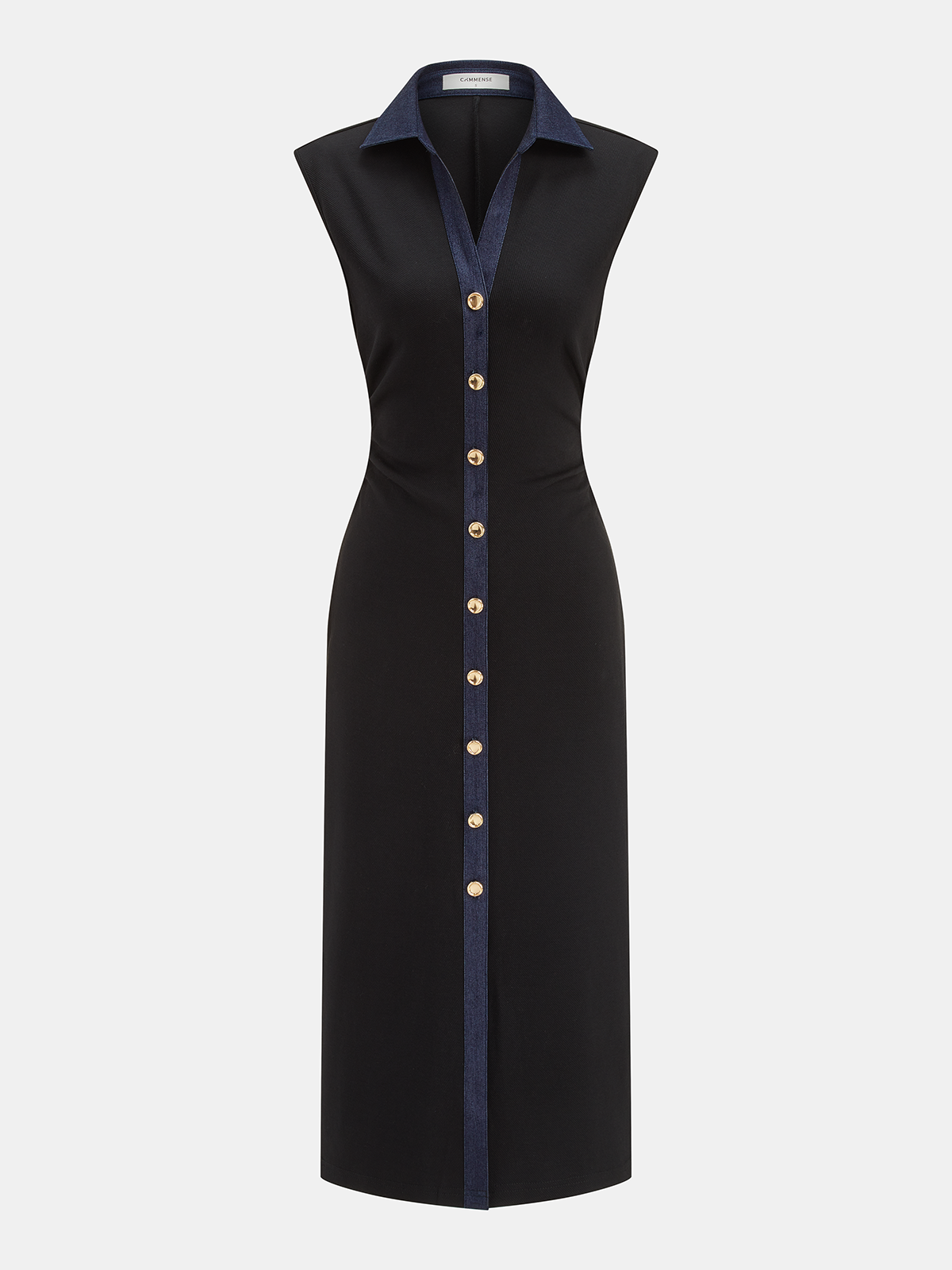 Denim Panel Sleeveless Buttoned Casual Summer Midi Dress