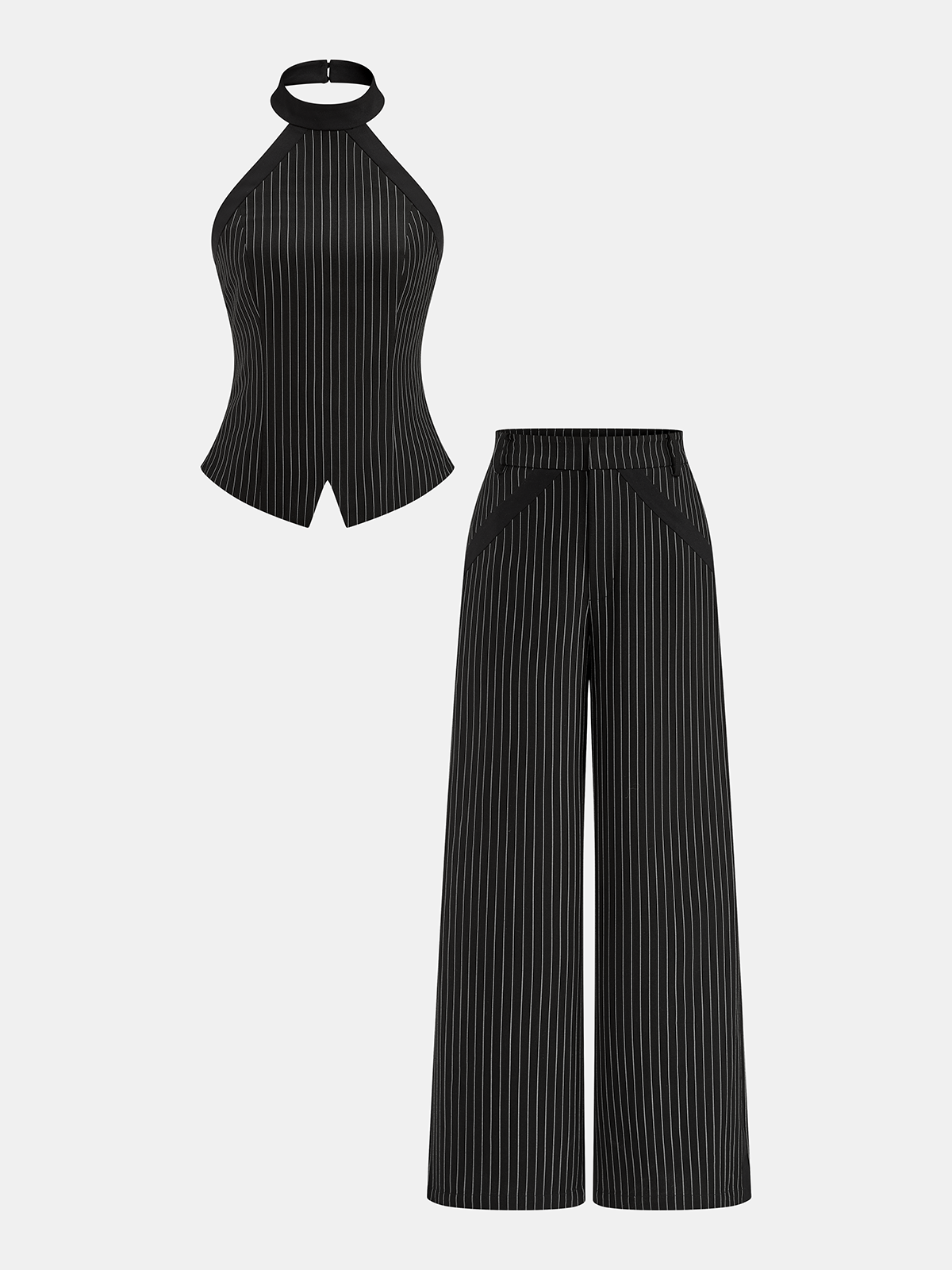 Pinstripe Halter Top & Wide Leg Pants Set for Women's Elegant Outfits