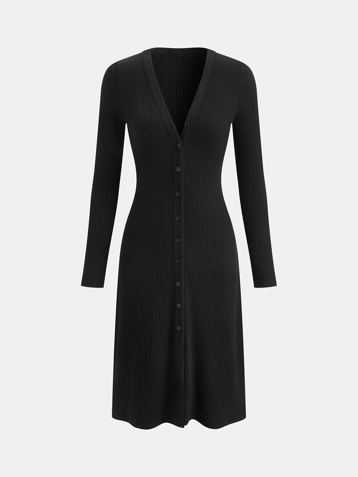 Long Sleeve Rib Knit Button Down Midi Dress with Side Slits and Belt