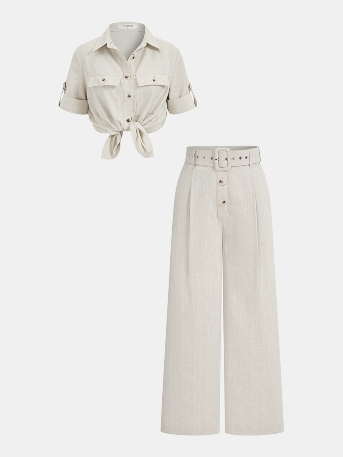 Cotton Linen Knotted Shirt & Belted Pants Set for Women Summer Casual Look