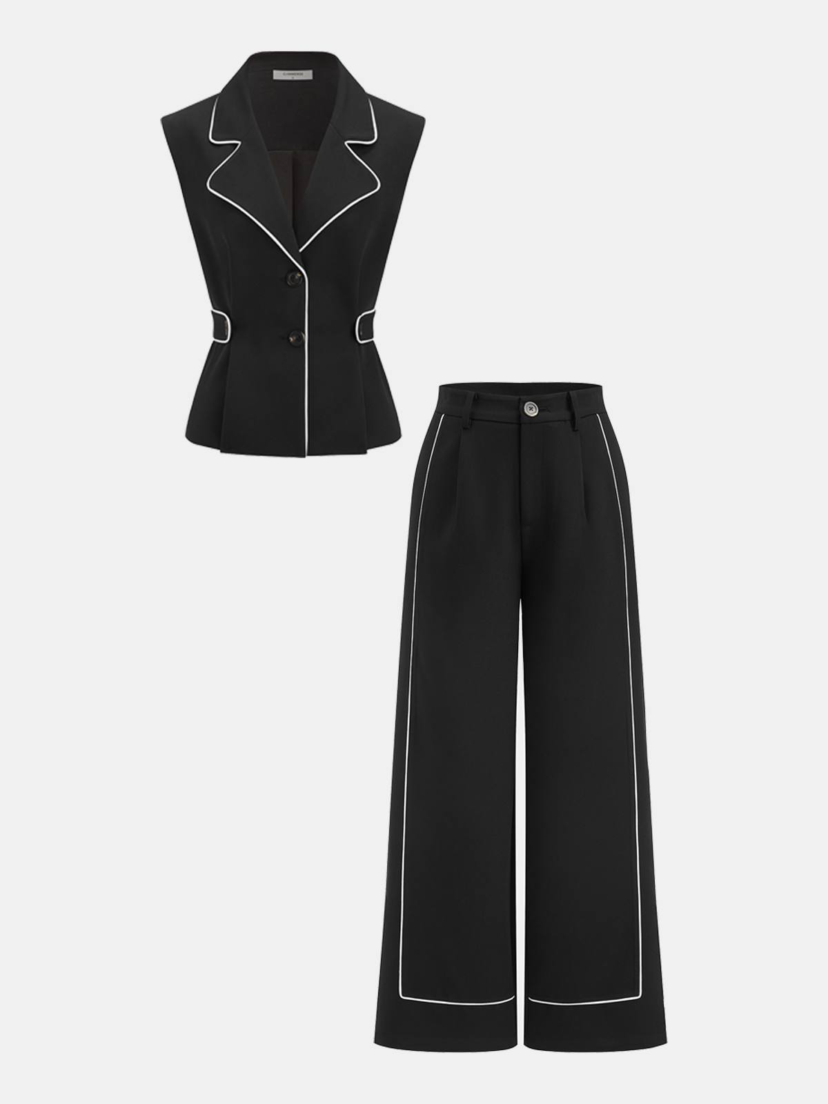 Contrast Trim Blazer Vest & Pants Set - Casual Women's Formal Wear