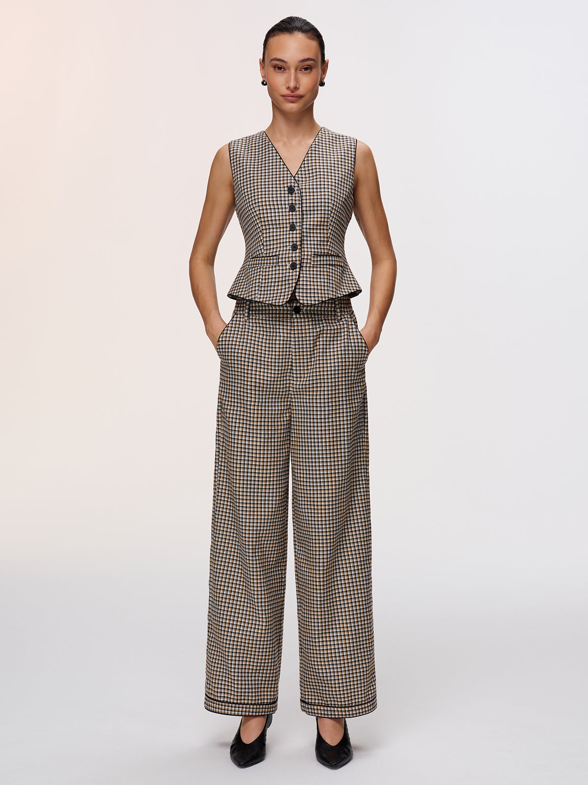 Plaid Vest & Wide Leg Pants Set for Women Trendy Casual Outfit