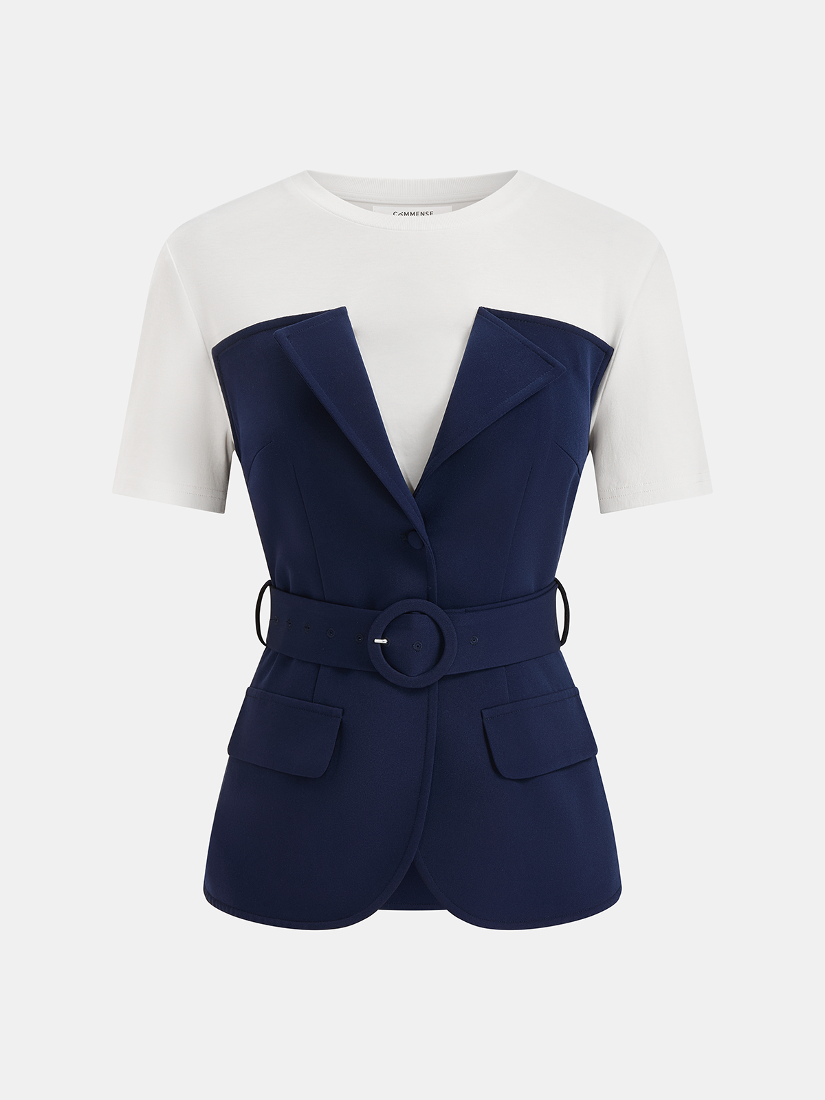 2 in 1 Belted Patchwork Short Sleeve Top for Women, Casual Summer Wear