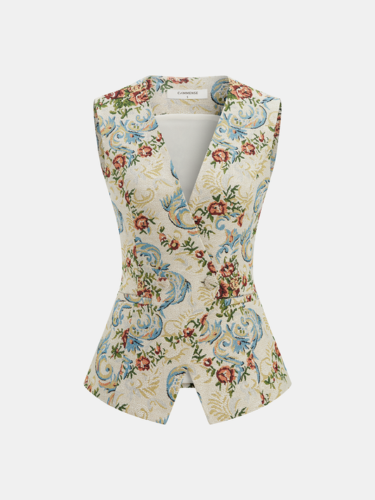 Vintage Floral Tailored Vest with Button Detail and Back Adjuster