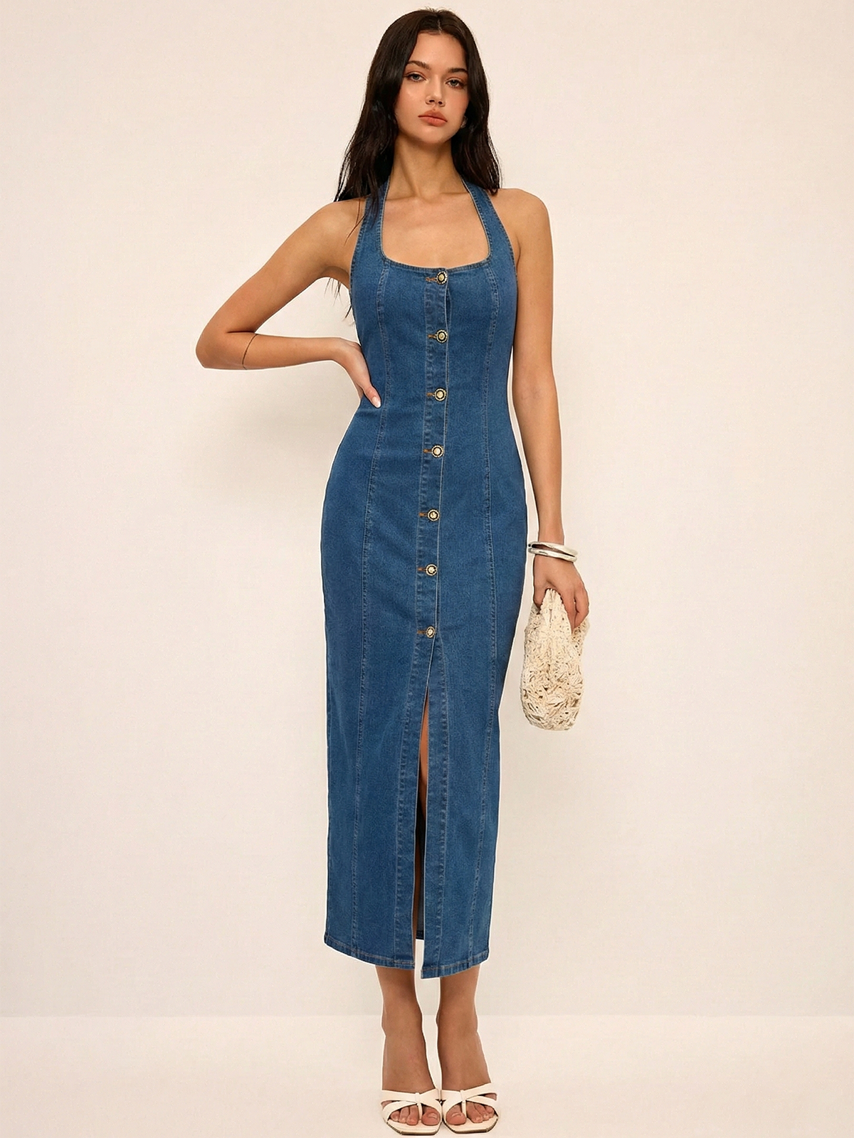 Denim Halter Button Front Maxi Dress with Side Pockets and Belt