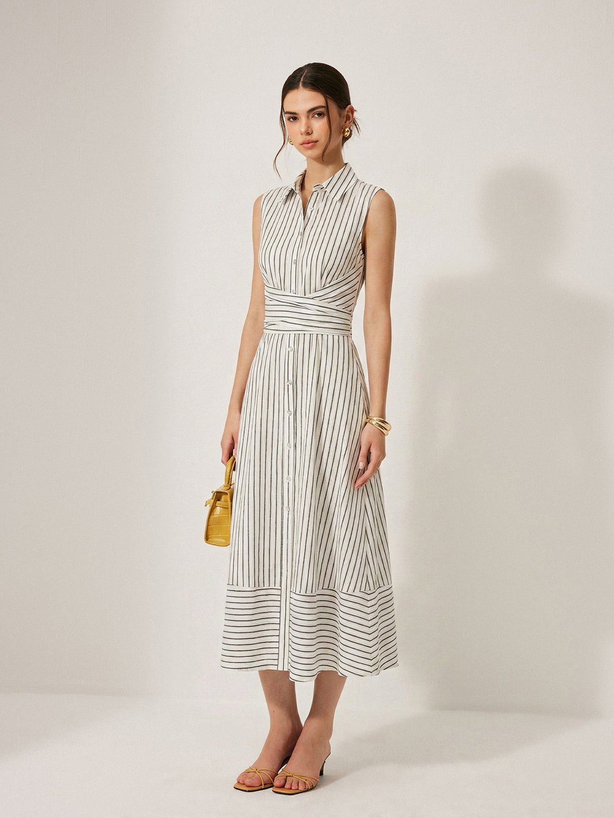 Striped Collared Sleeveless Tie Waist Midi Dress with Side Pockets