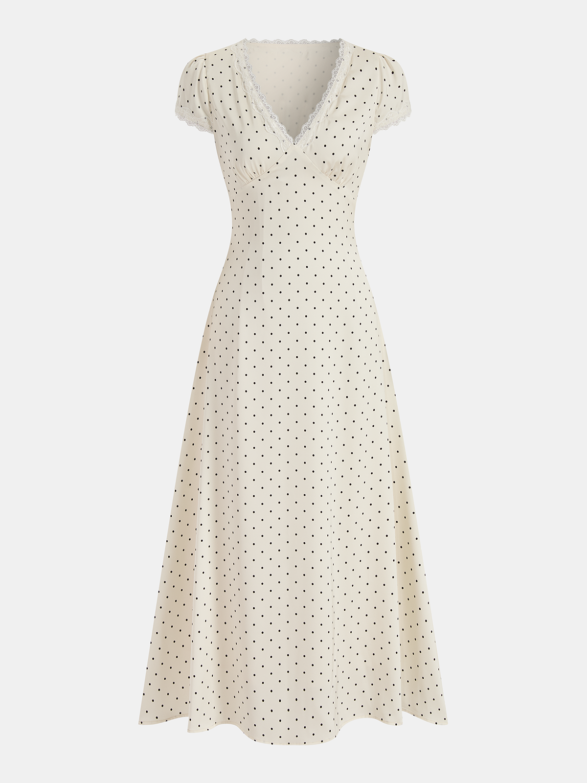Polka Dot Lace Trim Midi Dress with Ruffle Detail