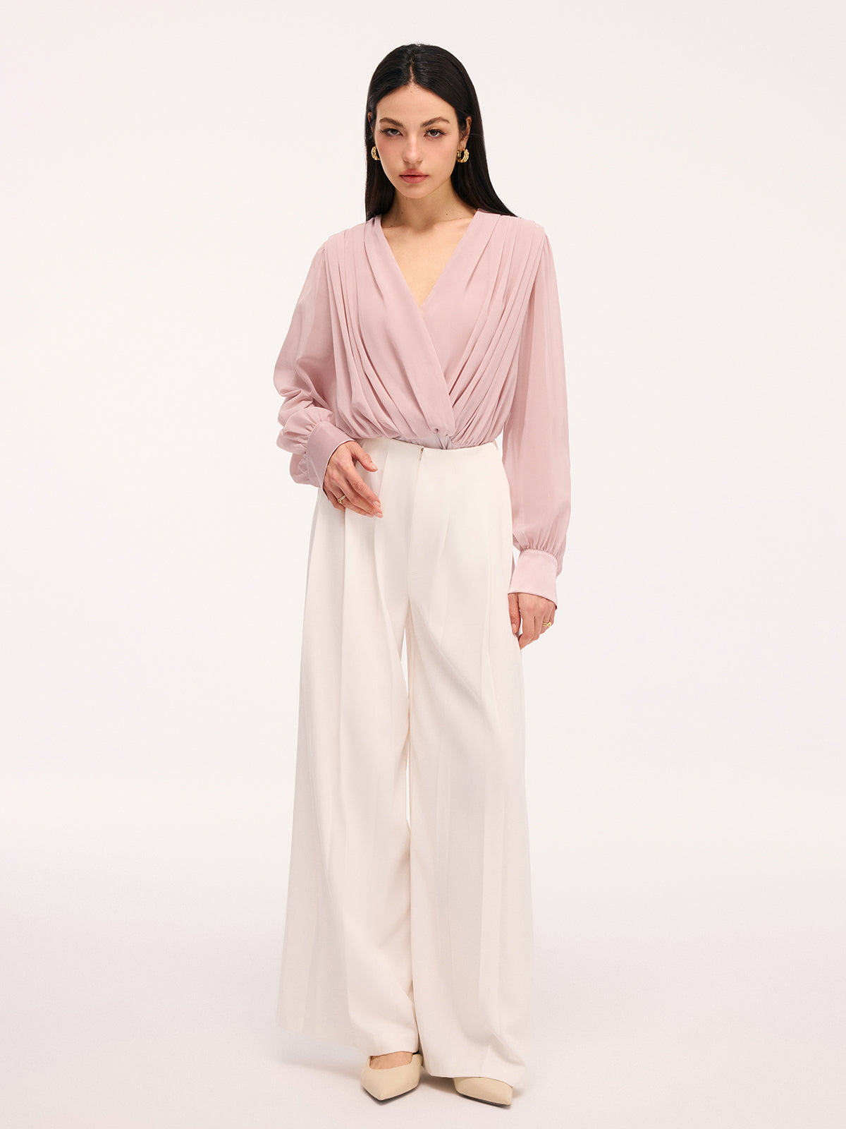 Pleated Deep V-Neck Long Sleeve Bodysuit with Stretch Fit Closure