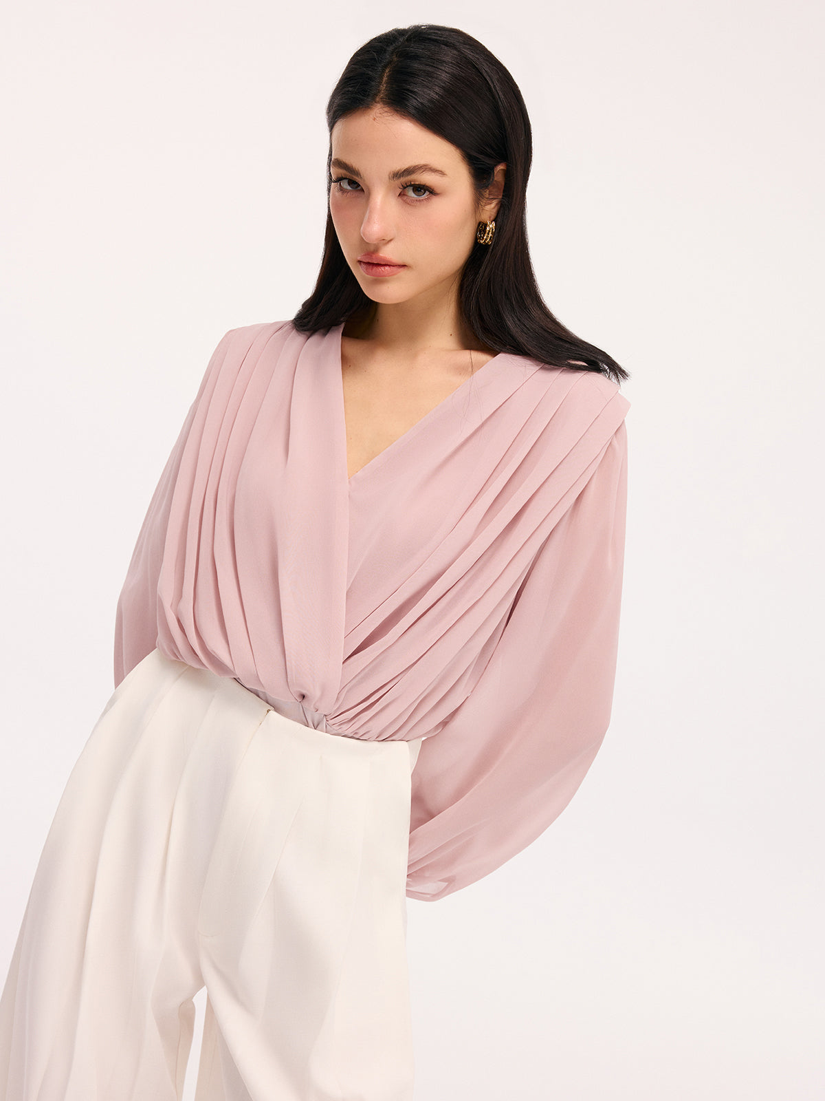 Pleated Deep V-Neck Long Sleeve Bodysuit with Stretch Fit Closure