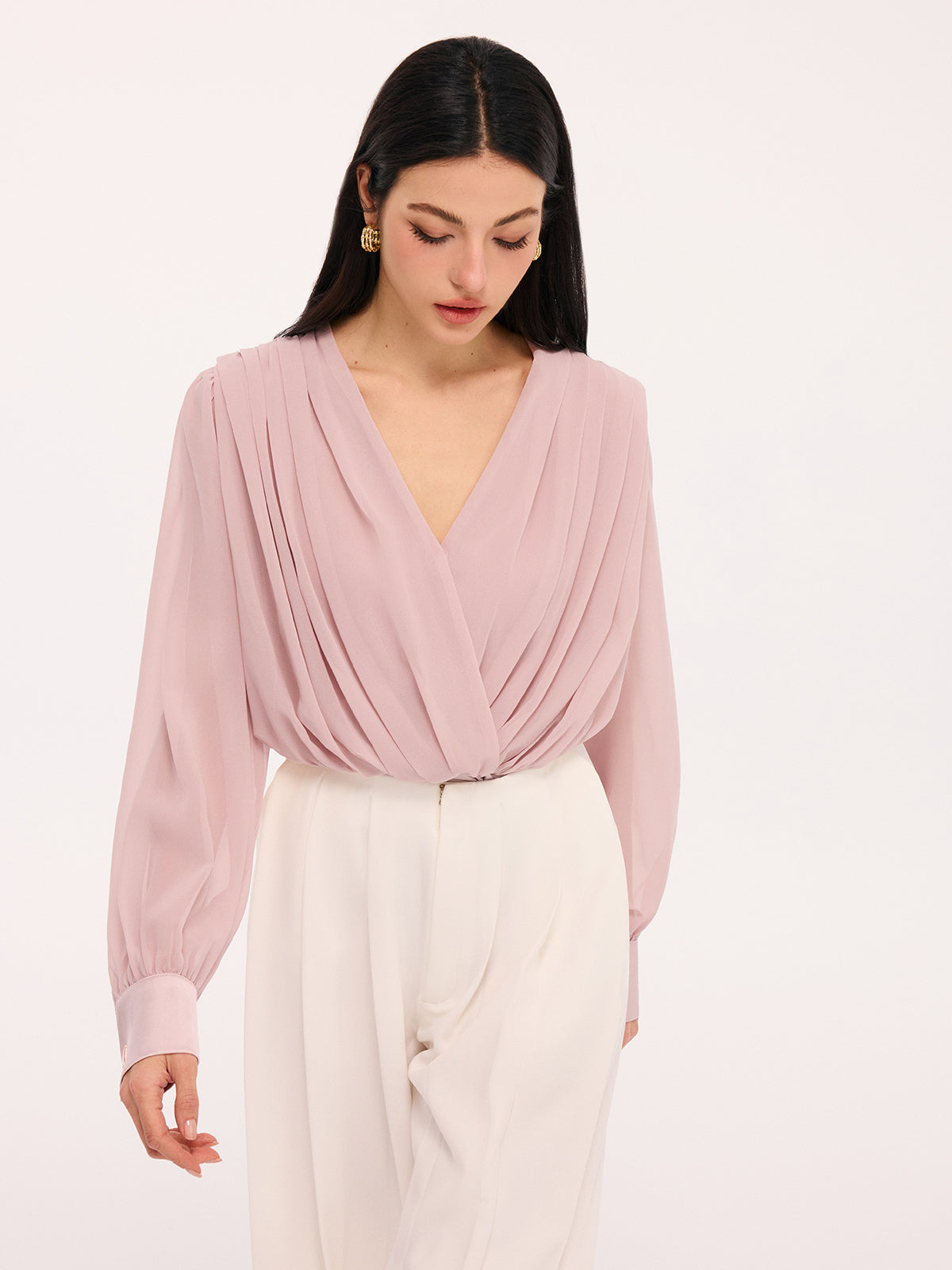 Pleated Deep V-Neck Long Sleeve Bodysuit with Stretch Fit Closure