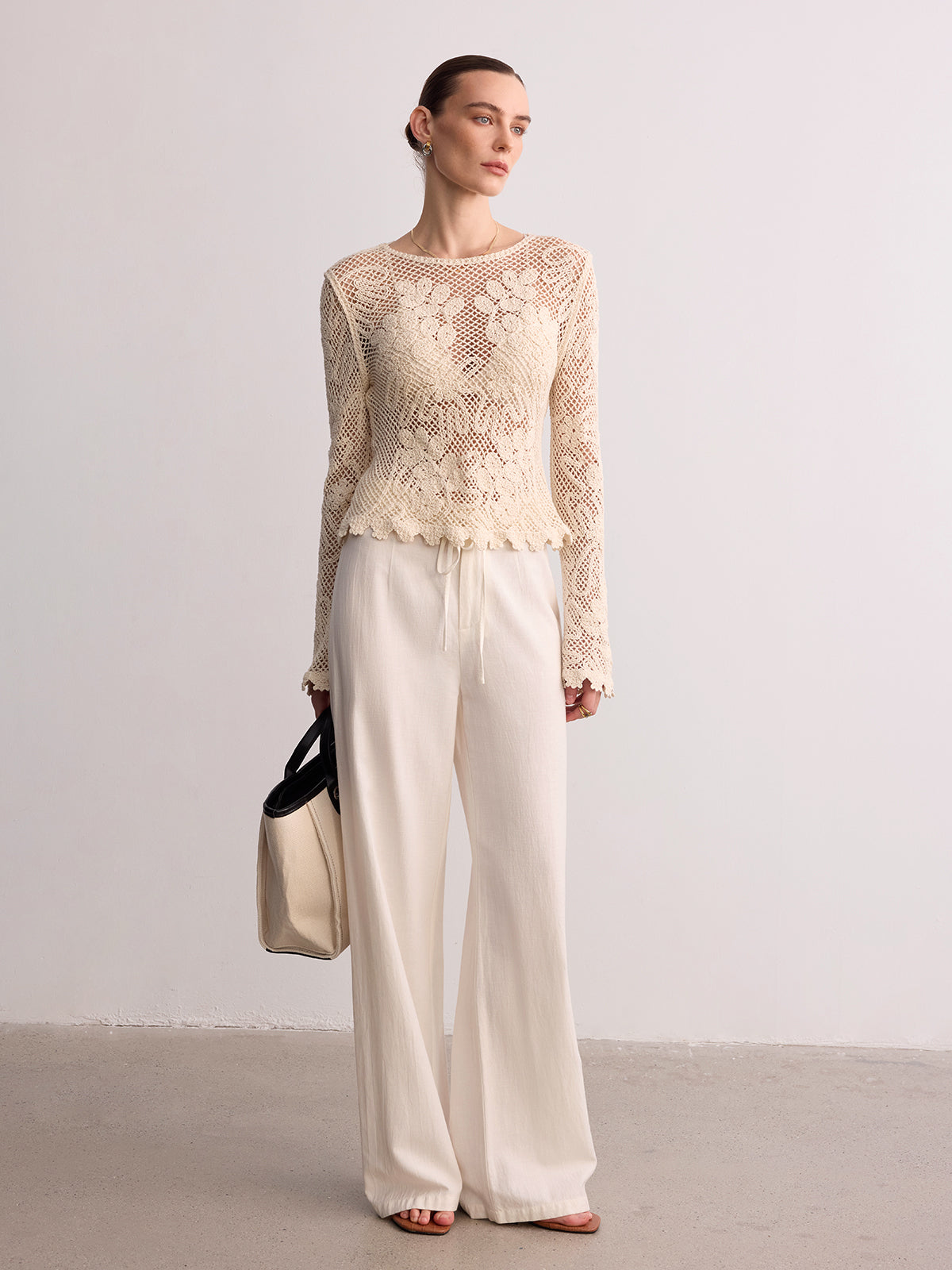 Crochet Lace Long Sleeve Knit Top Elegant Women’s Casual Apparel