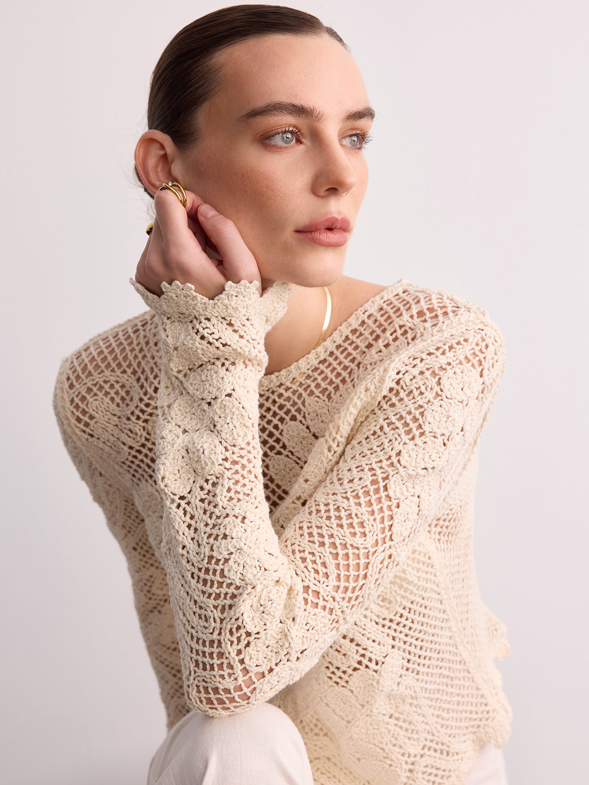 Crochet Lace Long Sleeve Knit Top Elegant Women’s Casual Apparel