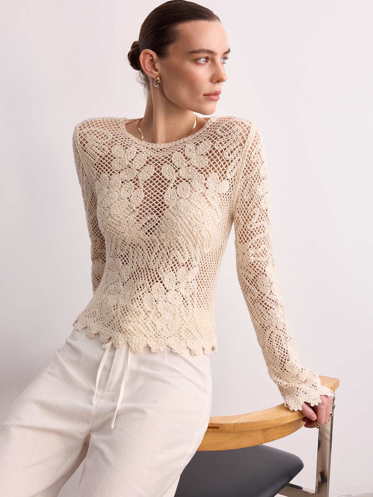 Crochet Lace Long Sleeve Knit Top Elegant Women’s Casual Apparel