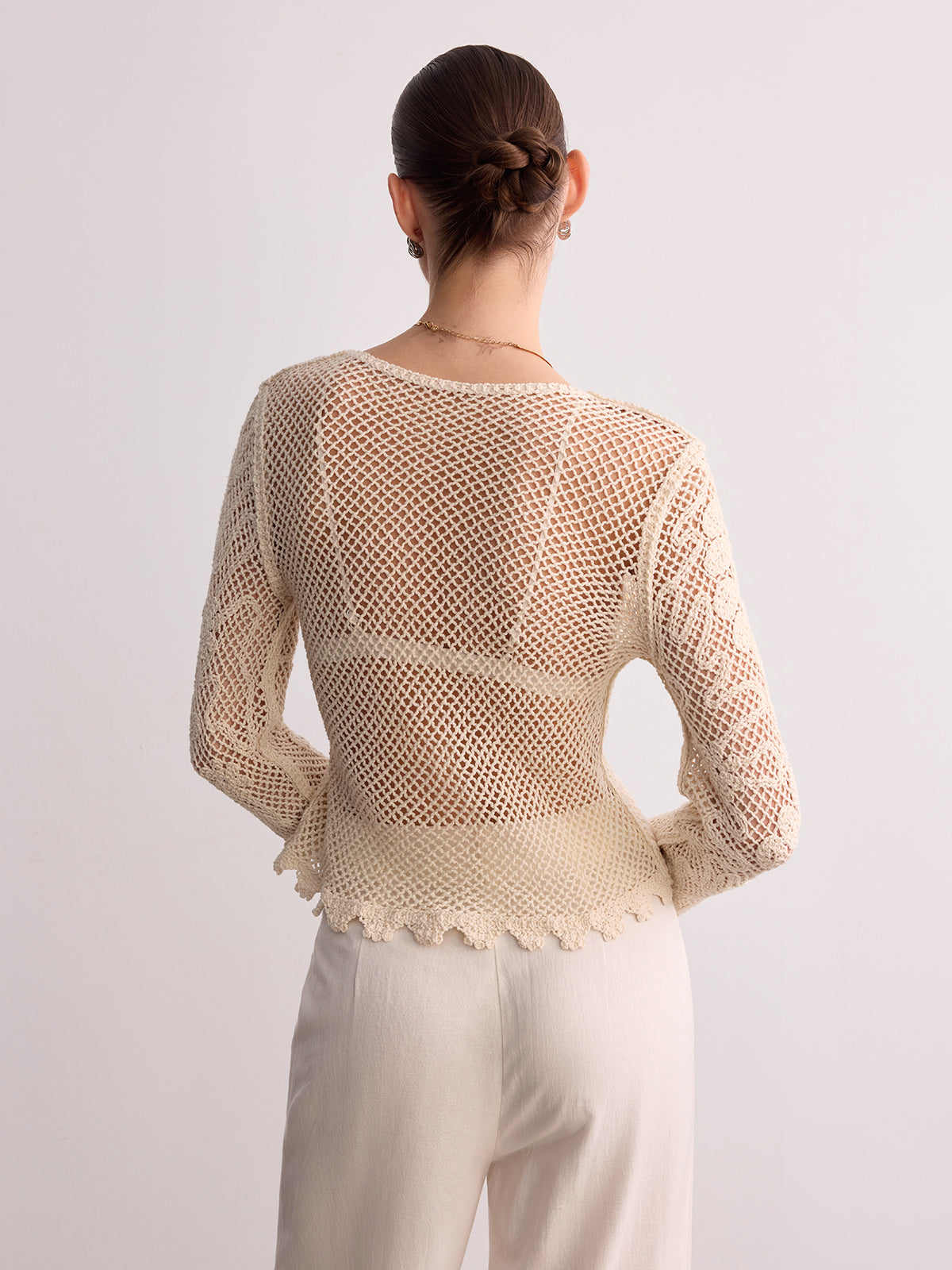 Crochet Lace Long Sleeve Knit Top Elegant Women’s Casual Apparel