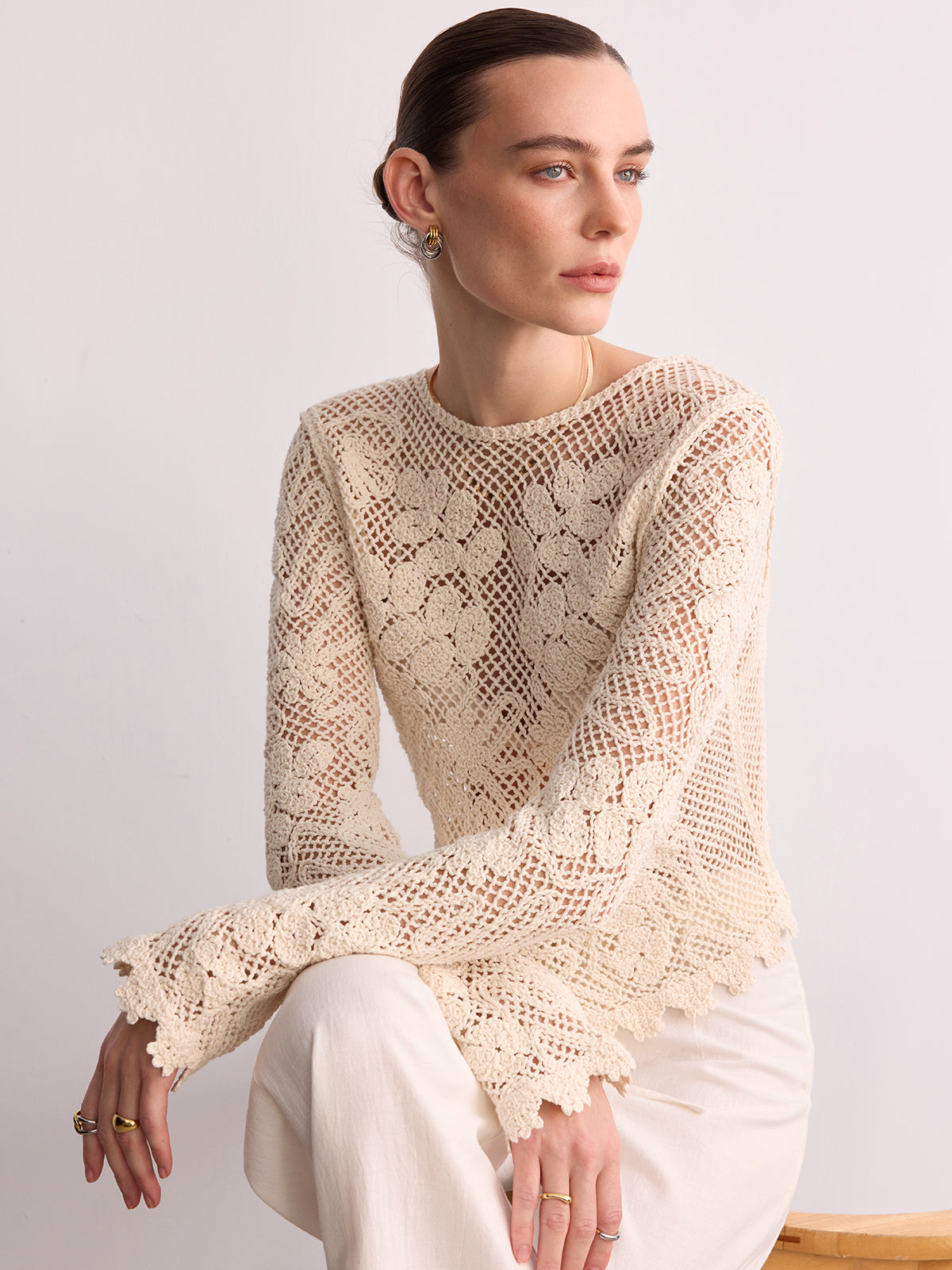 Crochet Lace Long Sleeve Knit Top Elegant Women’s Casual Apparel