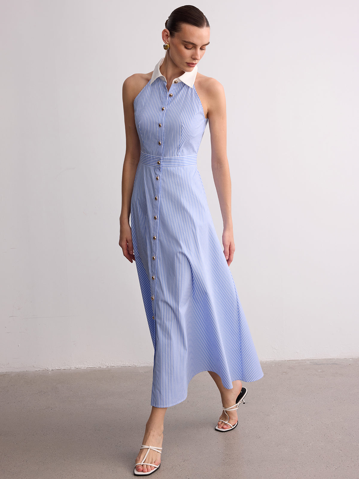 Collared Striped Sleeveless Buttoned Maxi Dress for Women Summer Casual