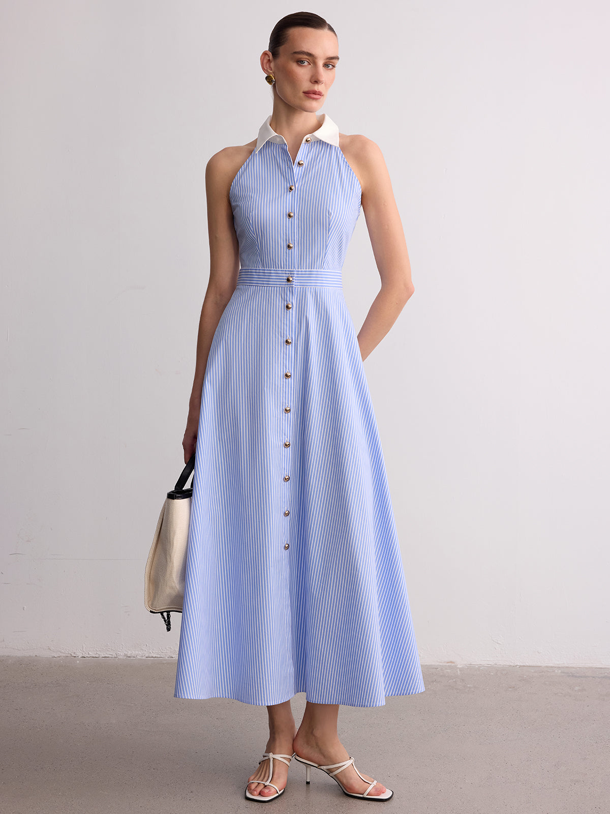 Collared Striped Sleeveless Buttoned Maxi Dress for Women Summer Casual