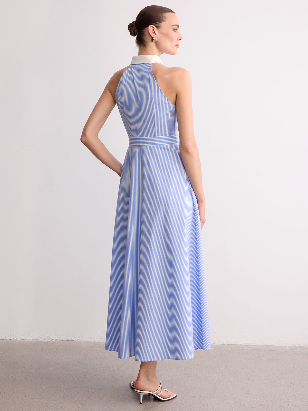 Collared Striped Sleeveless Buttoned Maxi Dress for Women Summer Casual