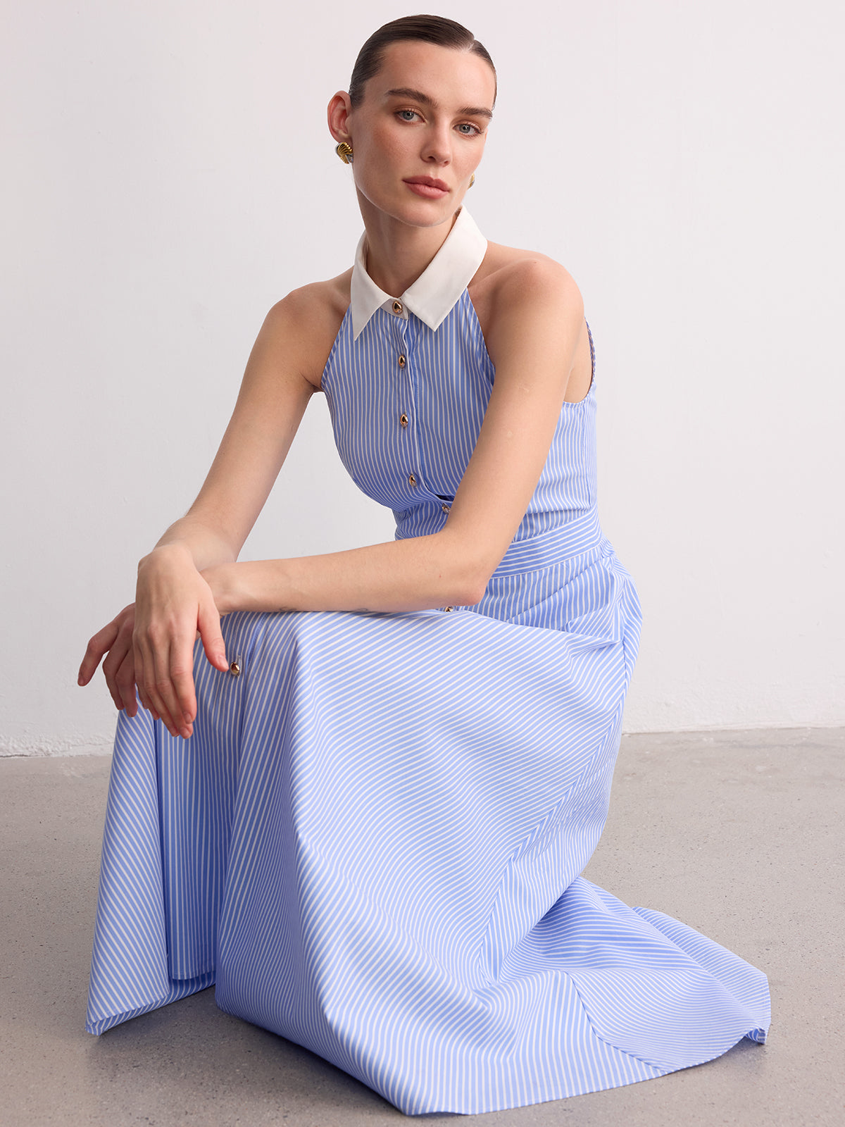 Collared Striped Sleeveless Buttoned Maxi Dress for Women Summer Casual