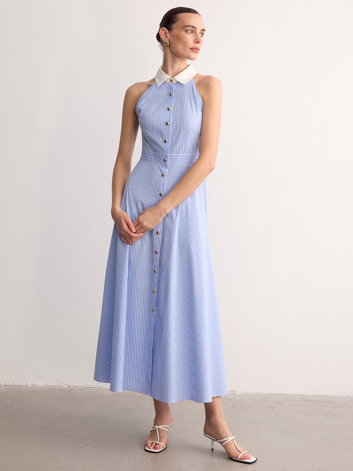 Collared Striped Sleeveless Buttoned Maxi Dress for Women Summer Casual