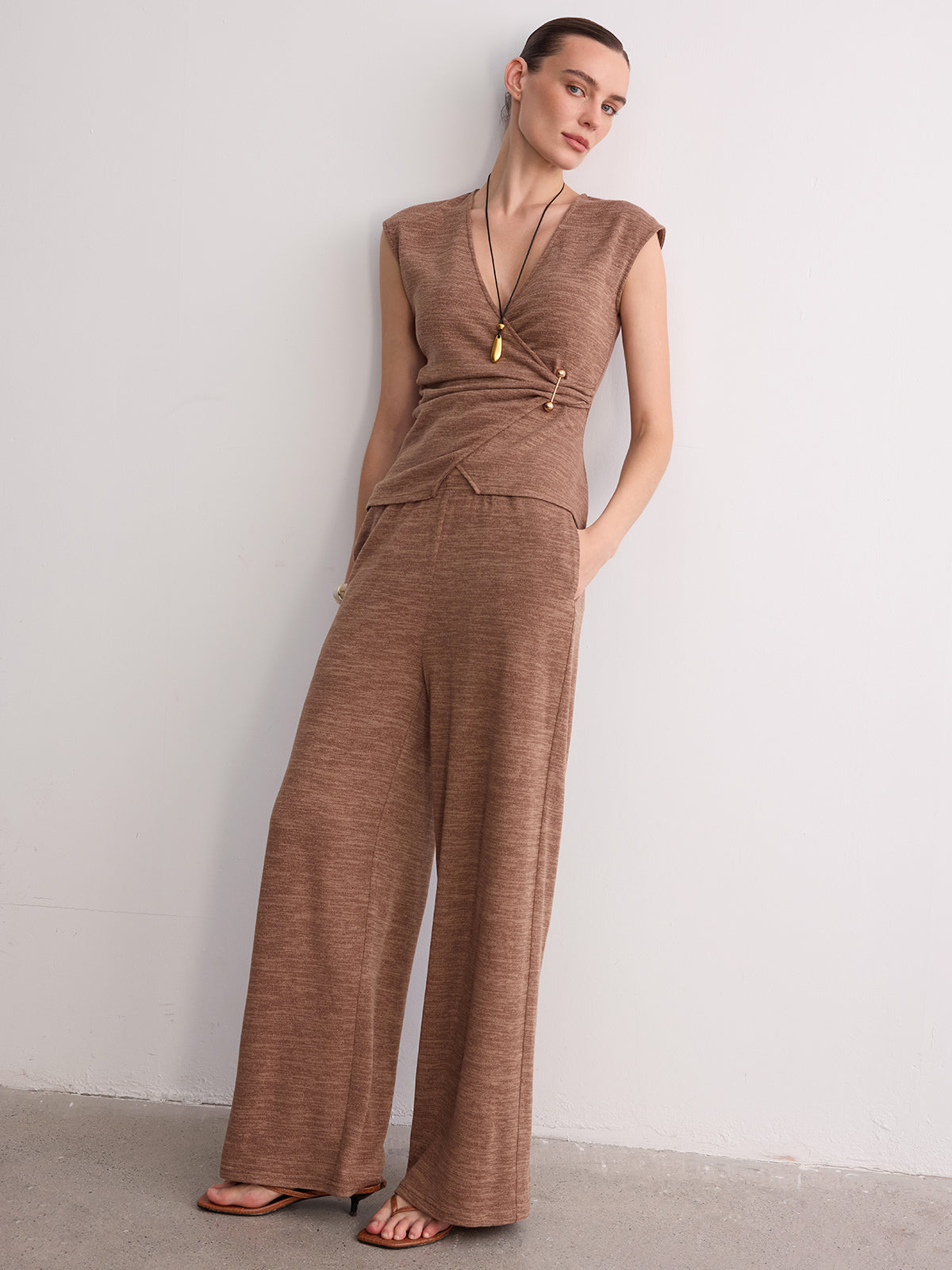 Wrap-Front Sleeveless Knit Top & Pants Set for Casual Wear
